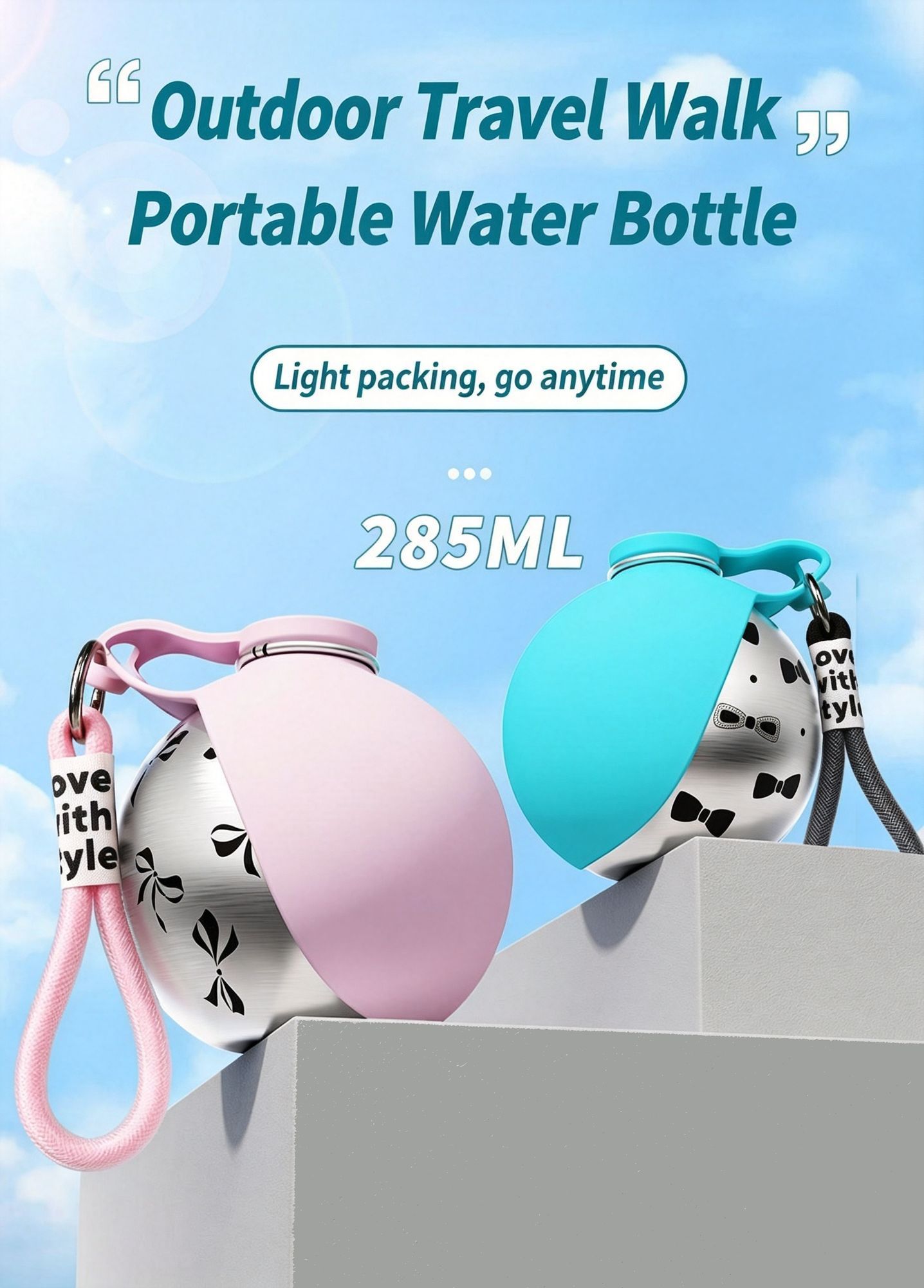 304 Stainless Steel Outdoor Pet Water Bottle, Tiffany Blue Printed Water Container With Black Lanyard, Collapsible Silicone Dog Bowl, Portable ā image 2