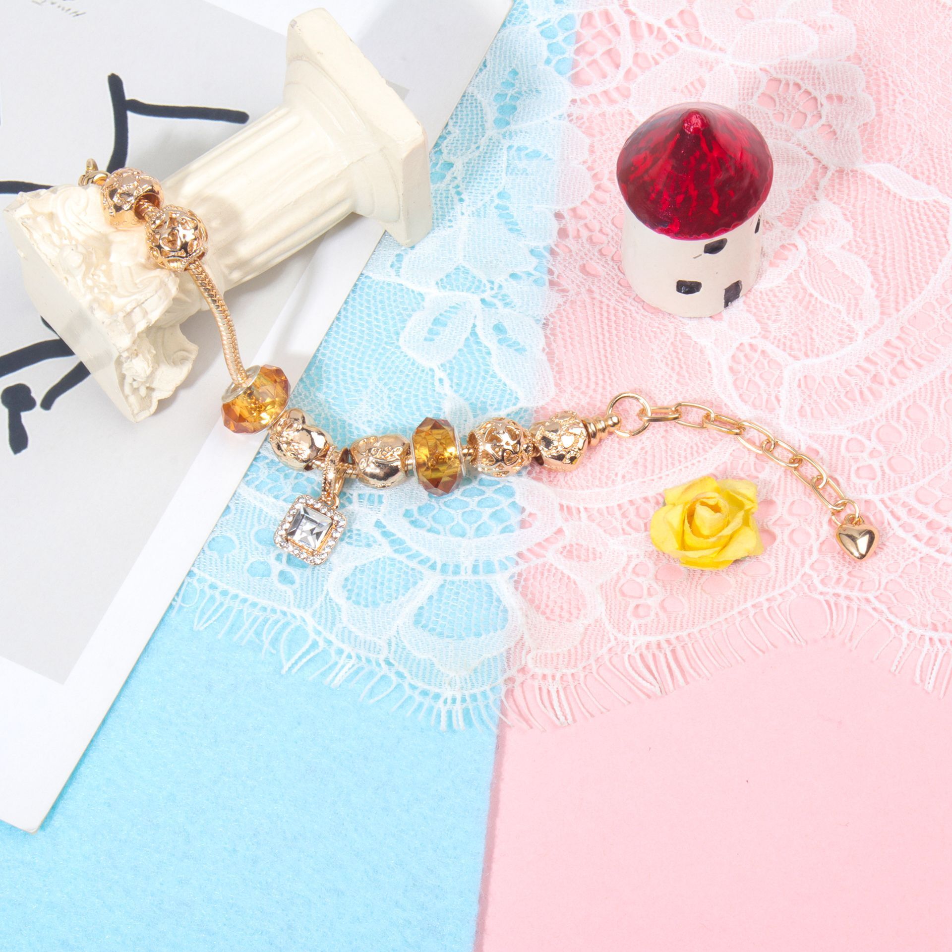 Golden Heart Zircon Hollow Bead Bracelet with Rhinestone Pendant(21cm) โ image 2