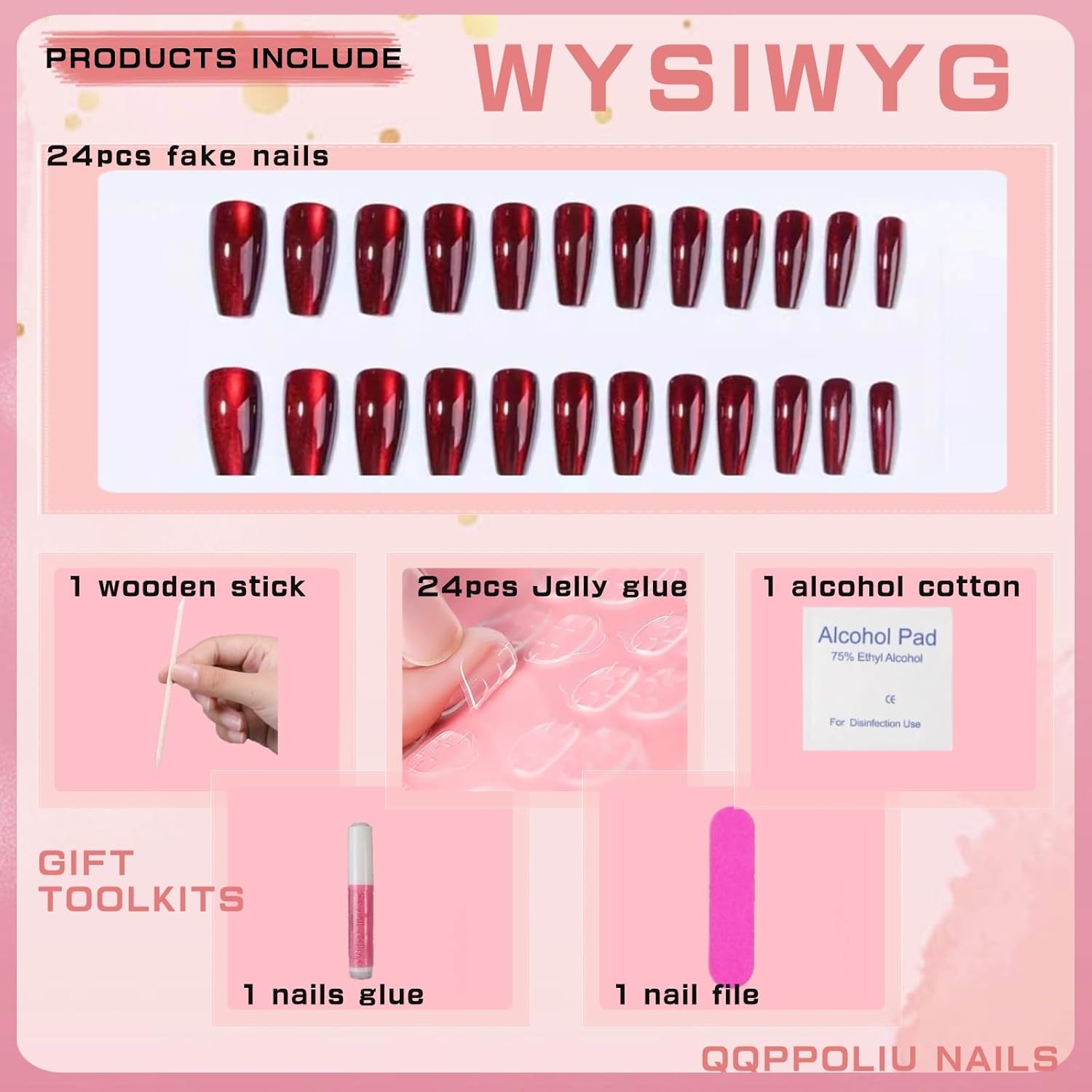 Red Press on Nails Coffin Shape Fake Nails Long False Nails with Cat Eye Design Glitter Glue on Nails for Women 24PCS 522 red 0.04 Fl Oz (Pack of 24) — image 2