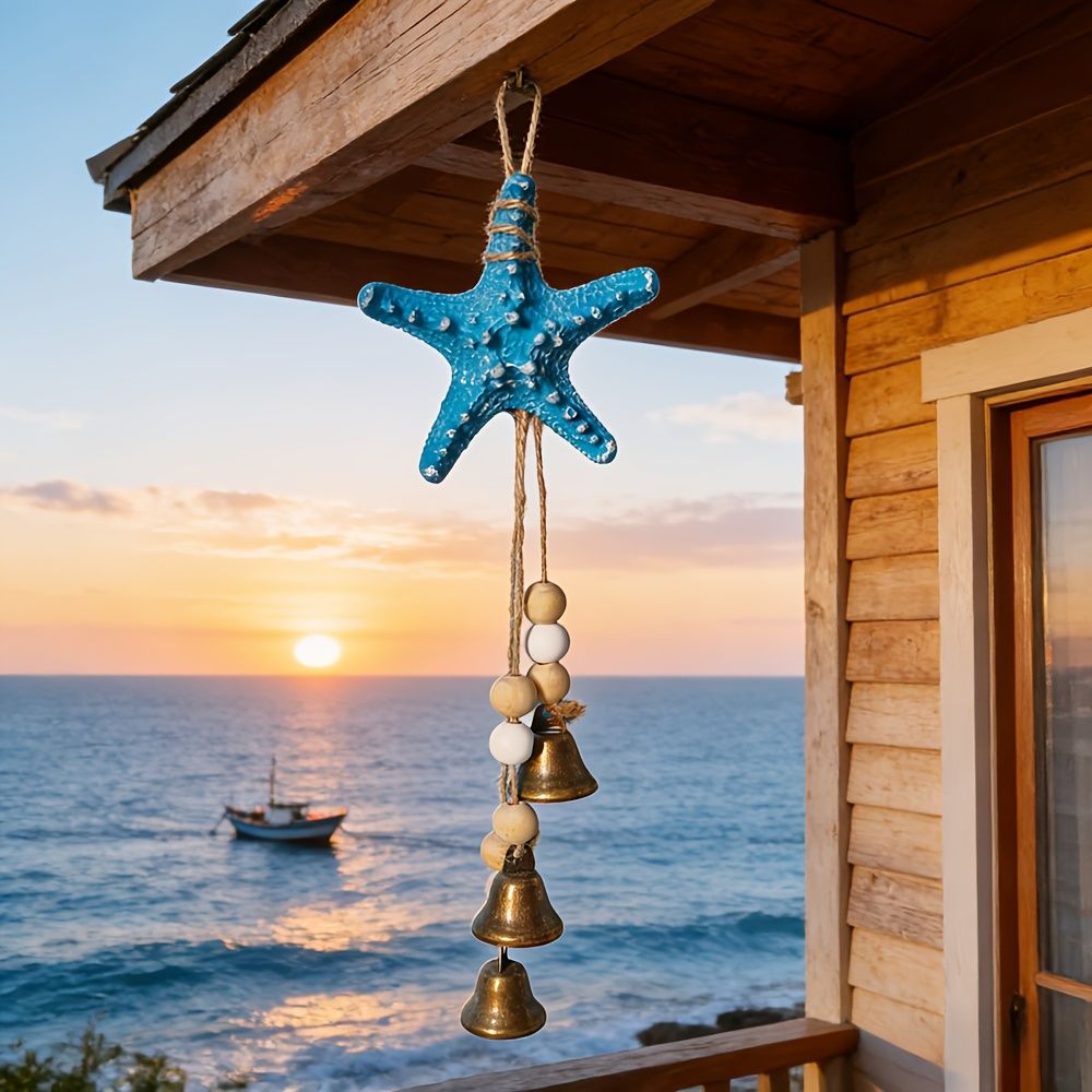 1pc Coastal Resin Starfish Wind Chime with Bells, Nautical Beach Decor for Home, Patio, Porch, Blue Starfish with Wooden Beads & Rustic Metal Bells, Ocean