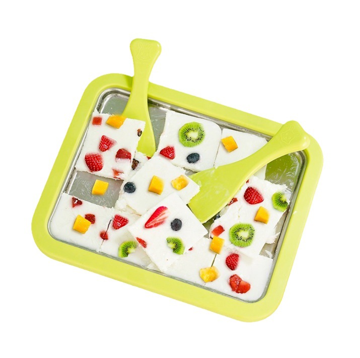 Green DIY Rolled Ice Cream Maker Pan Instant Frozen Yoghurt & Sorbet Tray 304 Stainless Steel No Electricity Required with Spatulas — image 2