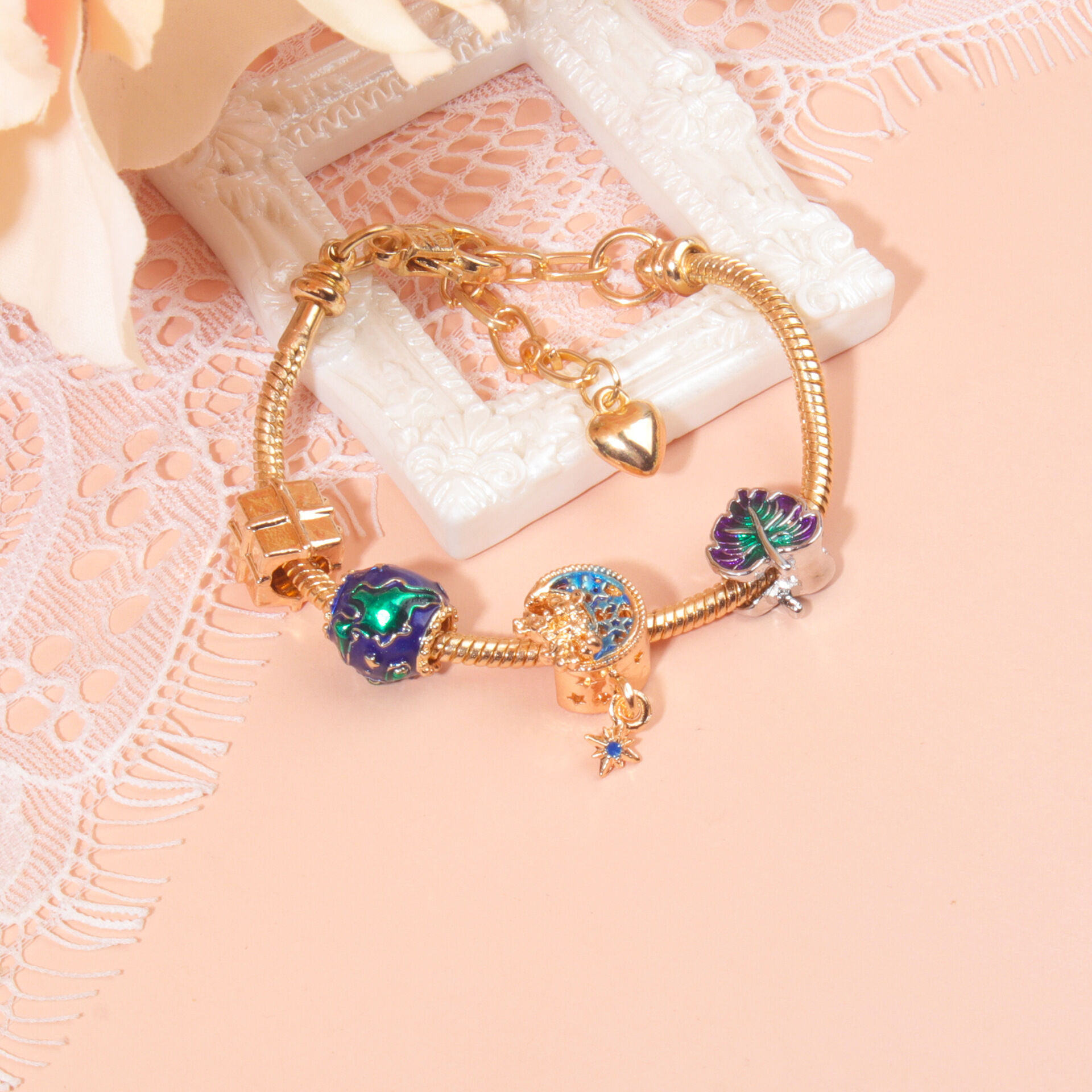 Colorful Leaf Moon Star Pendant Versatile Gold Bracelet(17cm) — image 2
