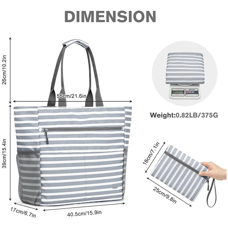 Gray Striped Beach Bag - Spacious Lightweight Tote for Travel, Pool & Vacation English Description — image 4