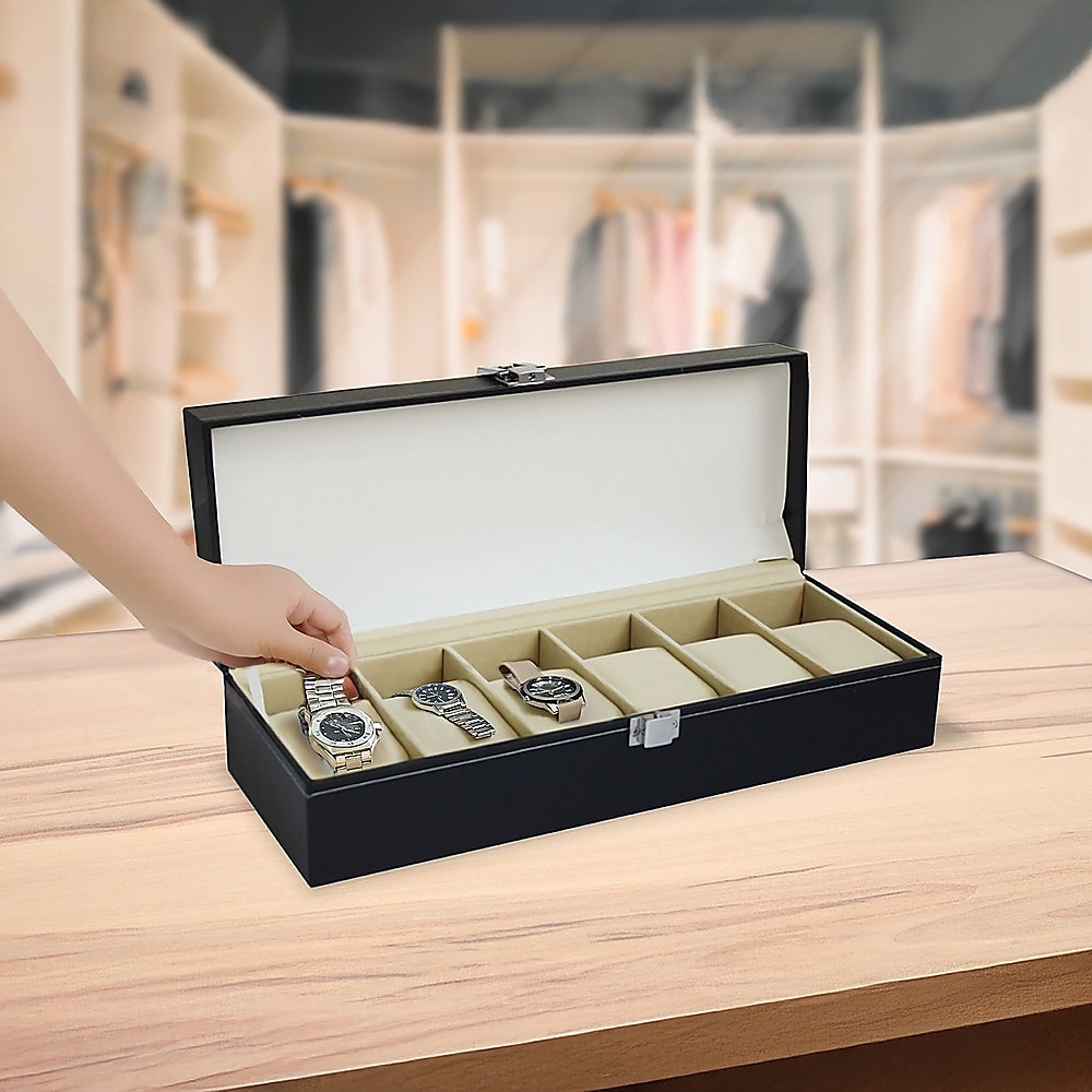 6 Slot Mens Watch Display Case Box Black PU Leather โ image 2