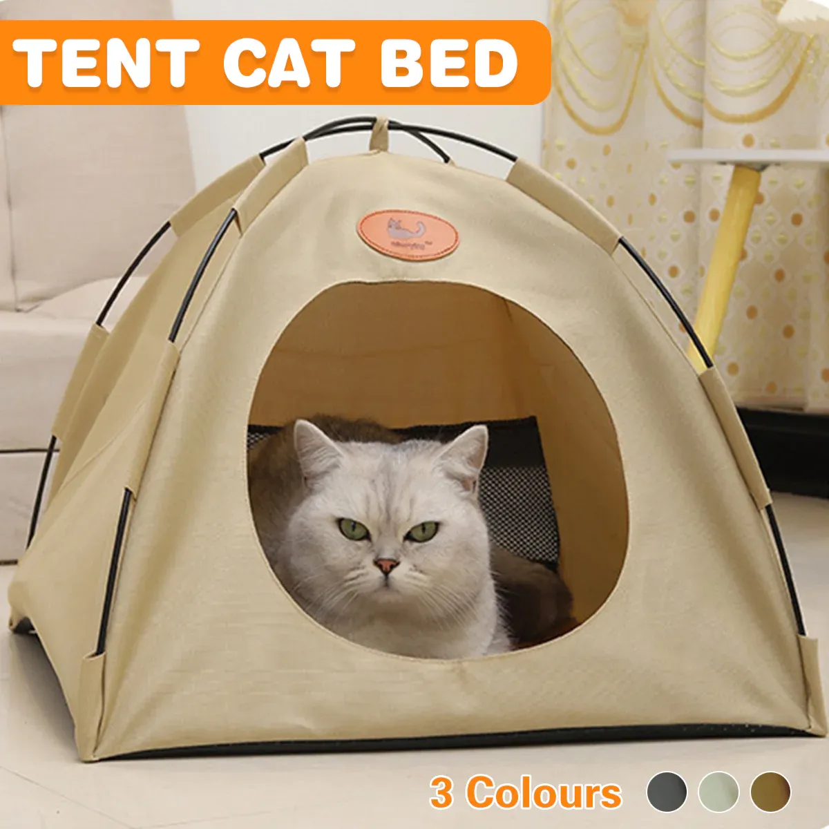Folding Camping Pet Tent for Cats Puppy Bed Indoor Cat Nest Dog Cave Style House - Beige โ image 2
