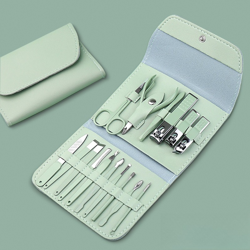 16-Piece Stainless Steel Manicure and Pedicure Set, Home Nail Clippers and Cuticle Tools Kit for Hand, Foot, and Facial Care—Green
