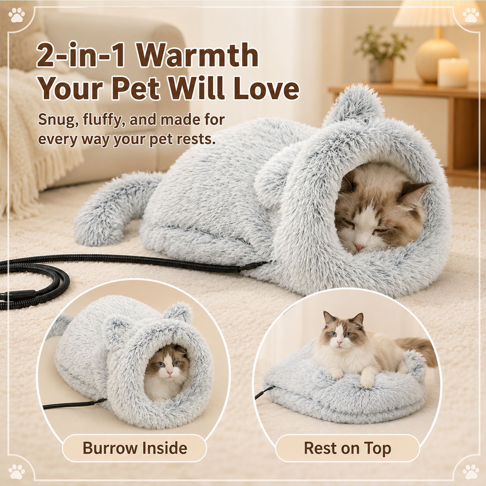 Cozy Heated Two-in-One Plush Cat Cave Bed with USB-Powered Warming, and Timer, Convertible from Enclosed House to Flat Mat for — image 5