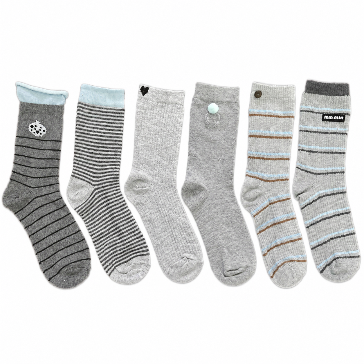 Unisex Grey Mid-Calf Socks, Preppy Collegiate Style with Stripes, Hearts and Button Details, 4 Pairs