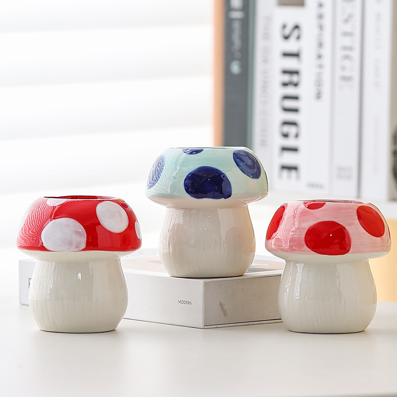 Pink And Red Adorable Ceramic Mushroom Desk Organizer - Cute Pen & Makeup Brush Holder โ image 2
