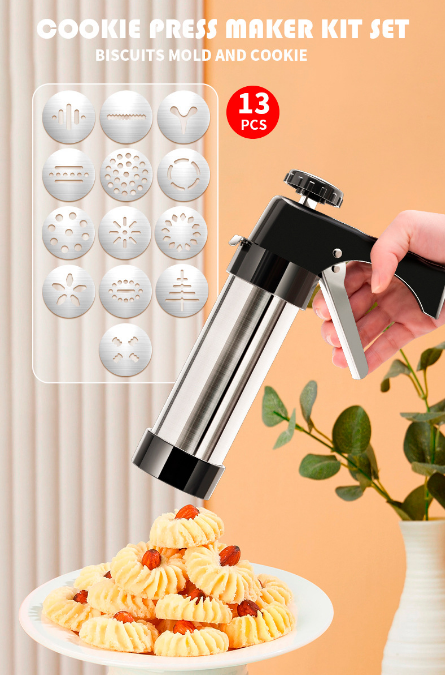 Stainless Steel Cookie Press Gun Kit Biscuit Maker & Icing Decorator Set with 8 Discs 8 Nozzles Heavy Duty DIY Baking Tool for Cakes โ image 2