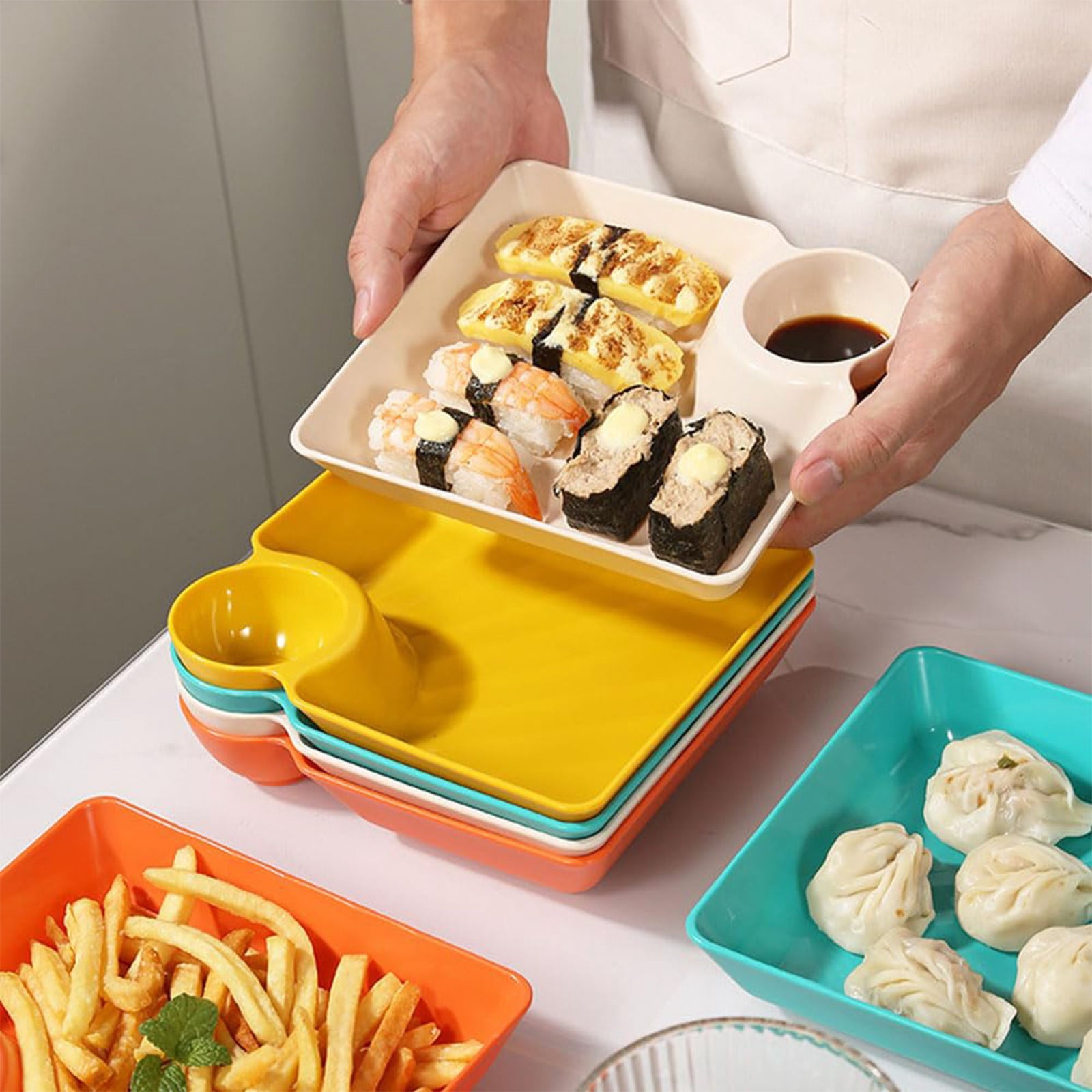 Square Plastic Chip and Dip Serving Plate, Divided Appetiser Tray with Sauce Compartment for Sushi, Tacos, 18.5 x 18.3 x 4 cm, White โ image 4