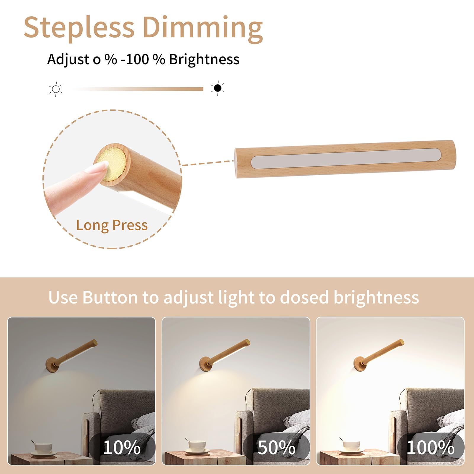 360° Rotatable Wooden Led Wall Lamp Magnetic USB Rechargeable Wall Sconces Battery Operated Night Light for Household ( 1PC) — image 5