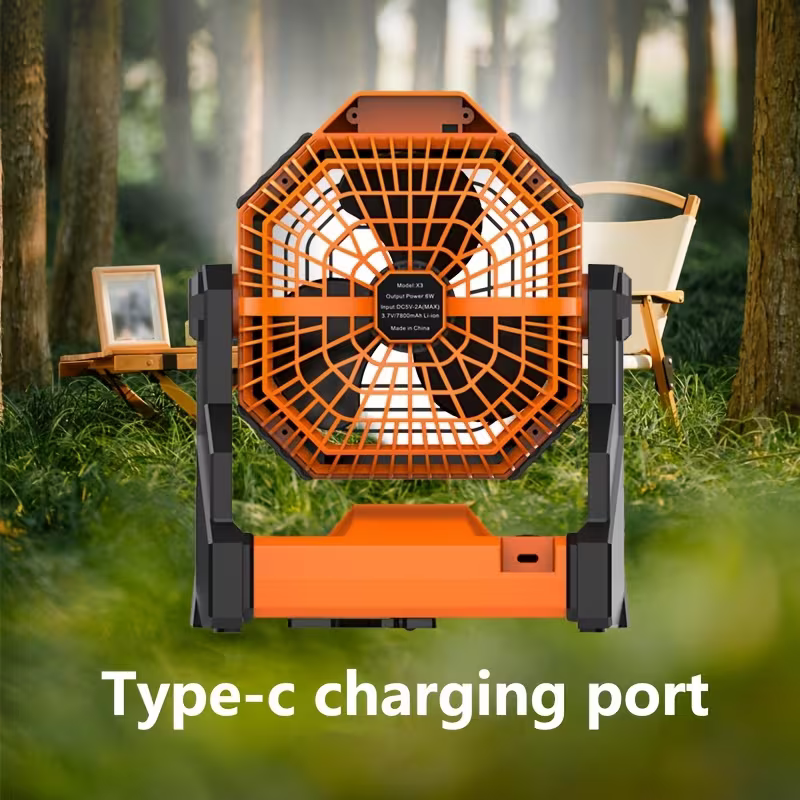 A portable outdoor camping fan with adjustable brightness, LED light strip hook, USB rechargeable, built-in 7800mAh battery for long battery life — image 6