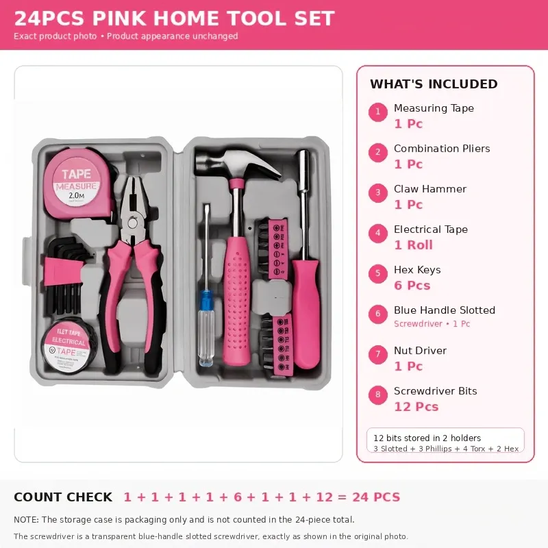 24-Piece Premium Carbon Steel Tool Set: High-End Pink Design, Rust-Resistant & Durable, Ergonomic Grip, Portable Storage, Practical for Home Repairs & Gifting — image 6