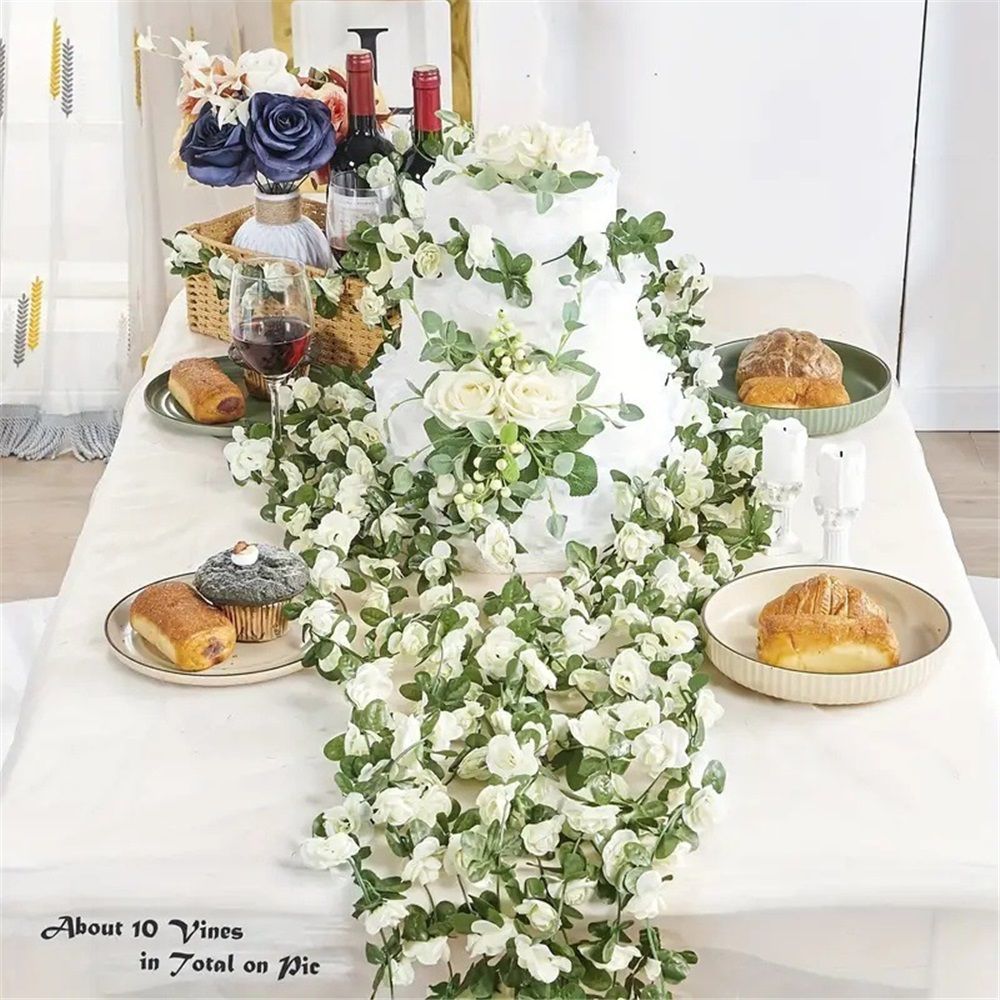 4Pcs Artificial Rose Vine Fake Flower Garland Fake Silk Rose Hanging Vine for Wedding Party Background Arch Garden Background Decoration (White) — image 4