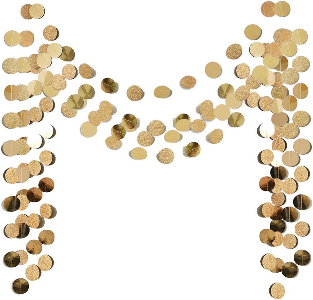 6 Pcs Glitter Champagne Gold Paper Circle Dots Garland (52 Feet) Party Hanging Bunting Birthday Decorations Engagement Bridal Shower Wedding Baby Christmas