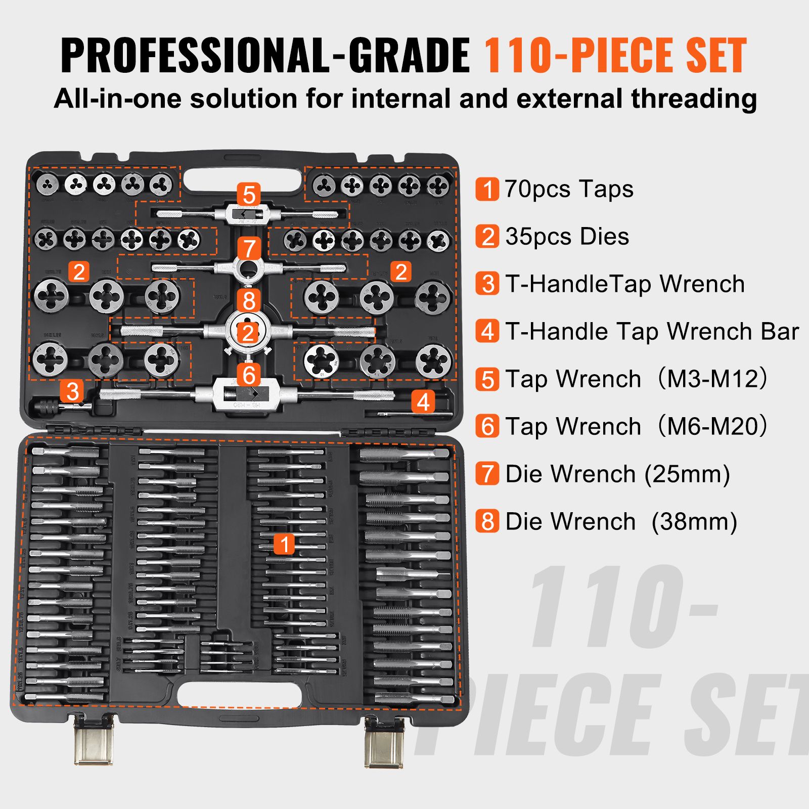 Tap and Die Set 110Pcs Metric Size M2 to M18 Bearing Steel Threading Tool — image 4