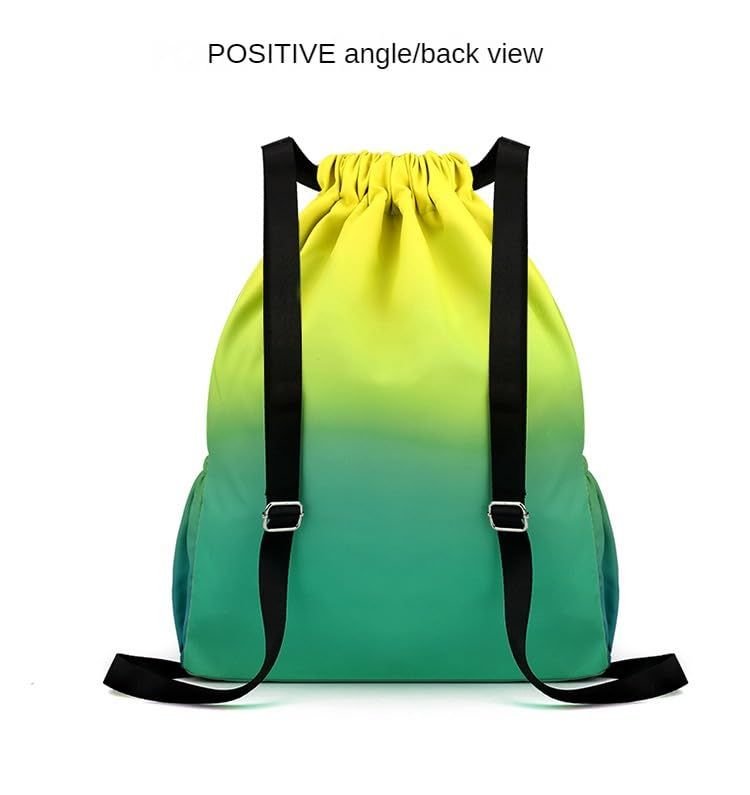 Waterproof Drawstring Bag, Lightweight String Backpack with Water Bottle Holder and Pockets, Gym Sports Cinch (Yellow green,Small) — image 4