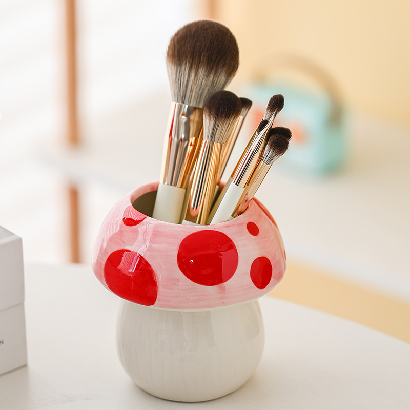 Red And White Adorable Ceramic Mushroom Desk Organizer - Cute Pen & Makeup Brush Holder โ image 4