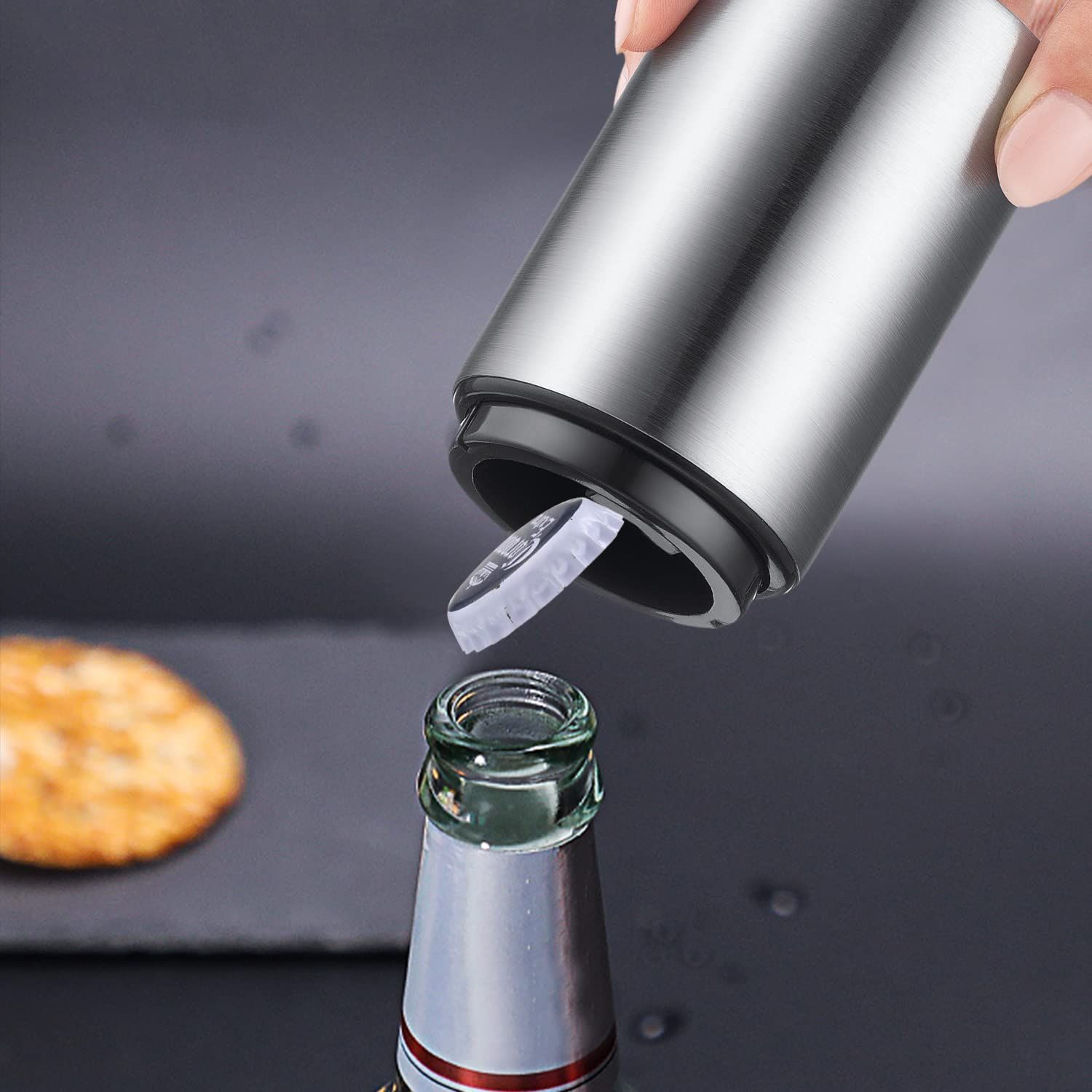 Premium Beer Bottle Opener (Silver),Stainless Steel Automatic Push Down No Damage Quick to Open Small Portable Bottle Cap Openers — image 2