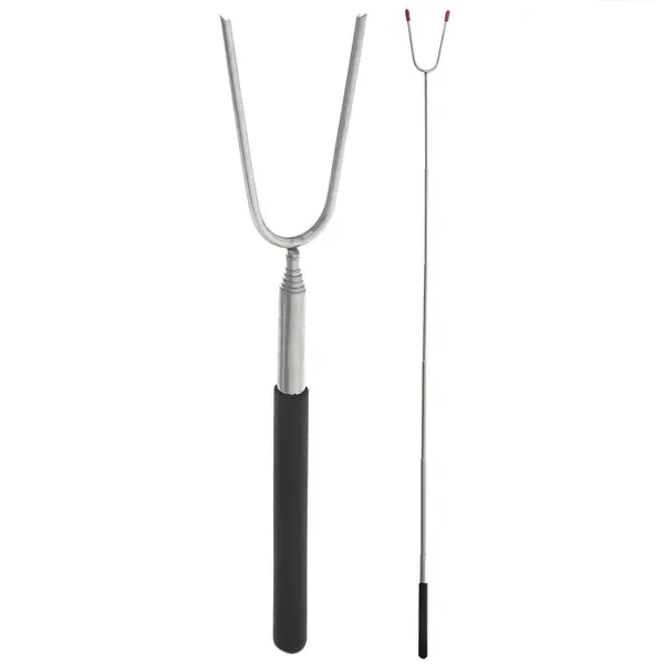 Telescopic Campfire Roasting Fork, Double Prongs, Stainless Steel, Rotating Handle, for Camping, Picnics and Outdoor Cooking, Black