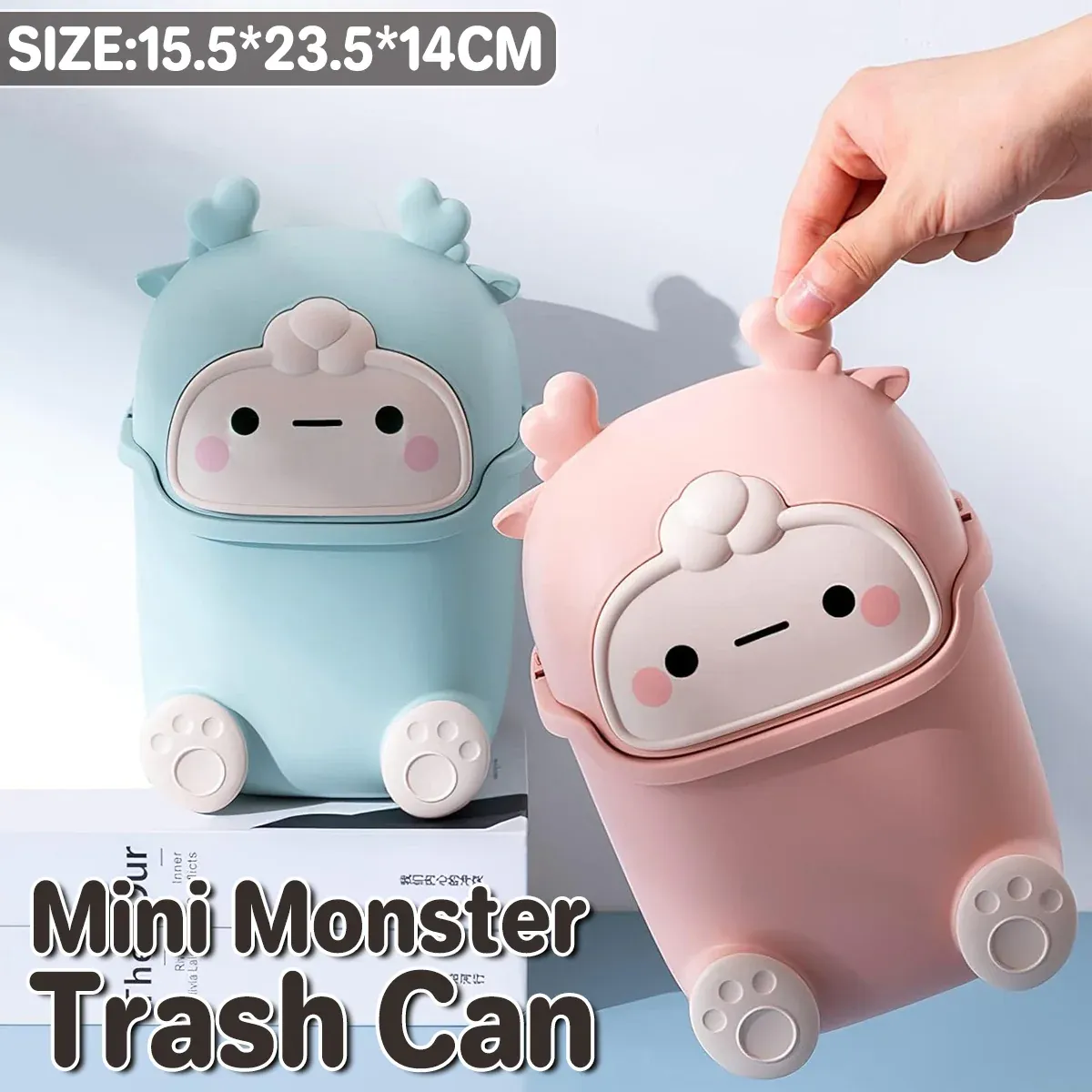 Mini Monster Trash Can Desktop Flip Top Garbage Bin Small Plastic Waste Basket - Light Blue โ image 2