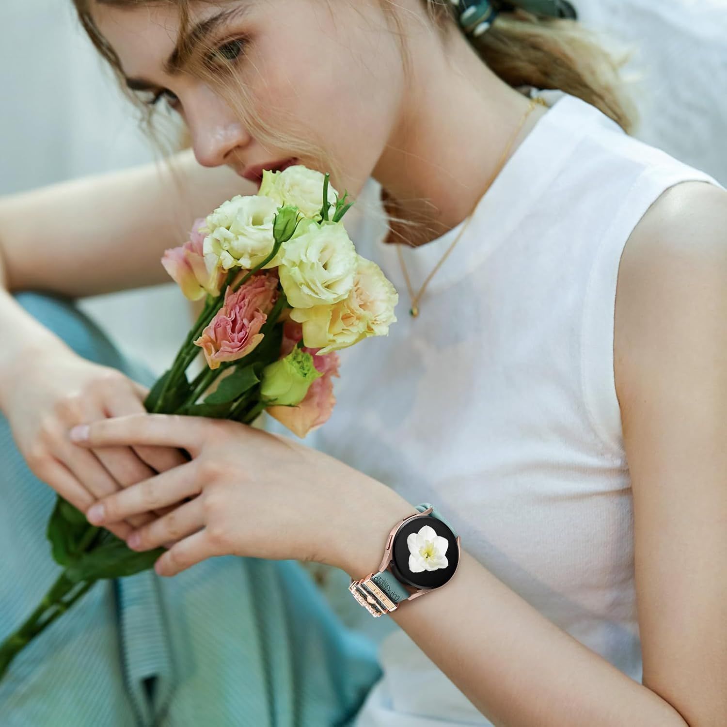 Flower Engraved Band and Stylish Metal Strap Compatible with Samsung Galaxy Watch 7 Band/FE 6 5 4 40mm 44mm, Galaxy Active 2, 20mm Watch Pretty Strap — image 5