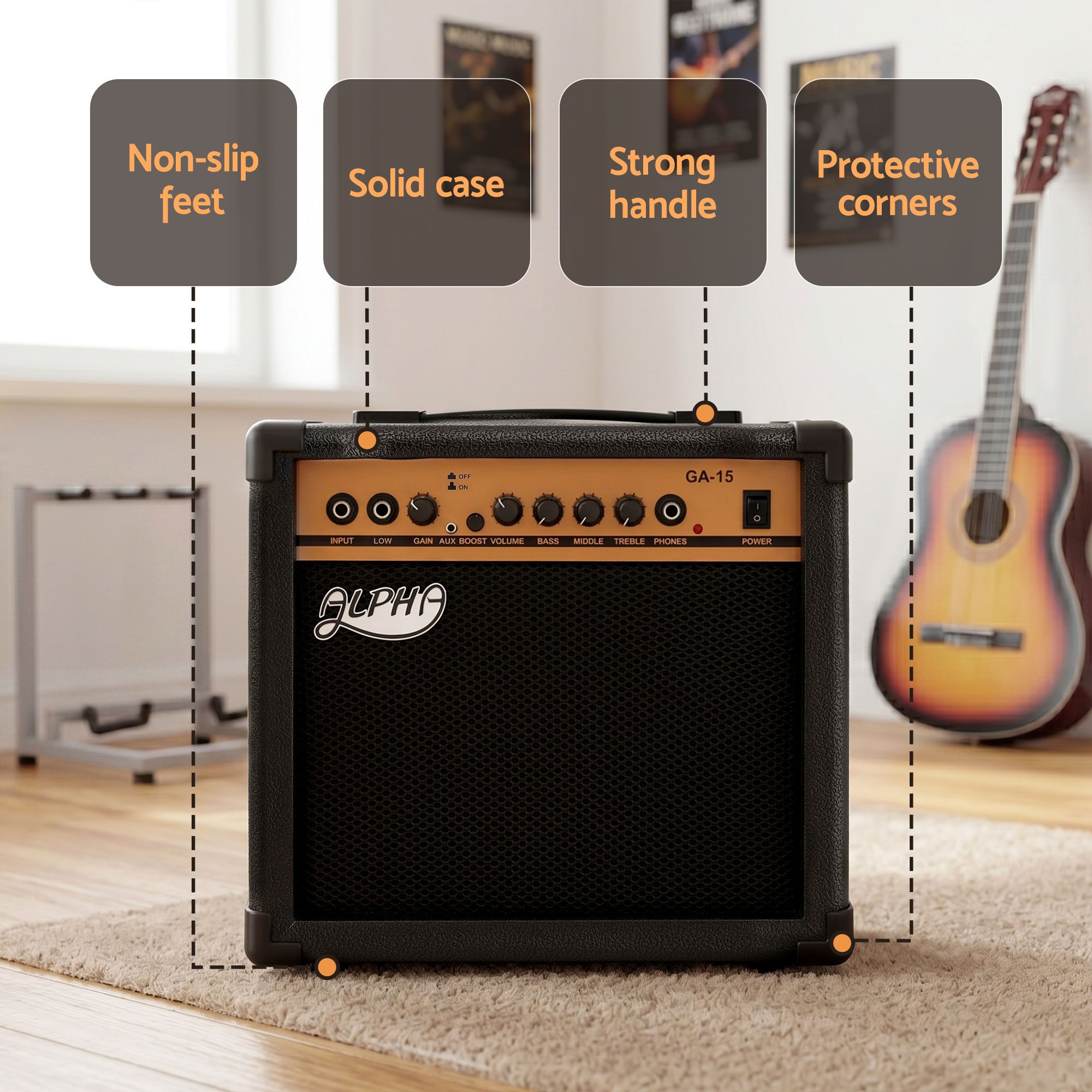 Alpha 20W Guitar Amplifier Portable Practice Amp Overdrive 3-Band EQ Black — image 5