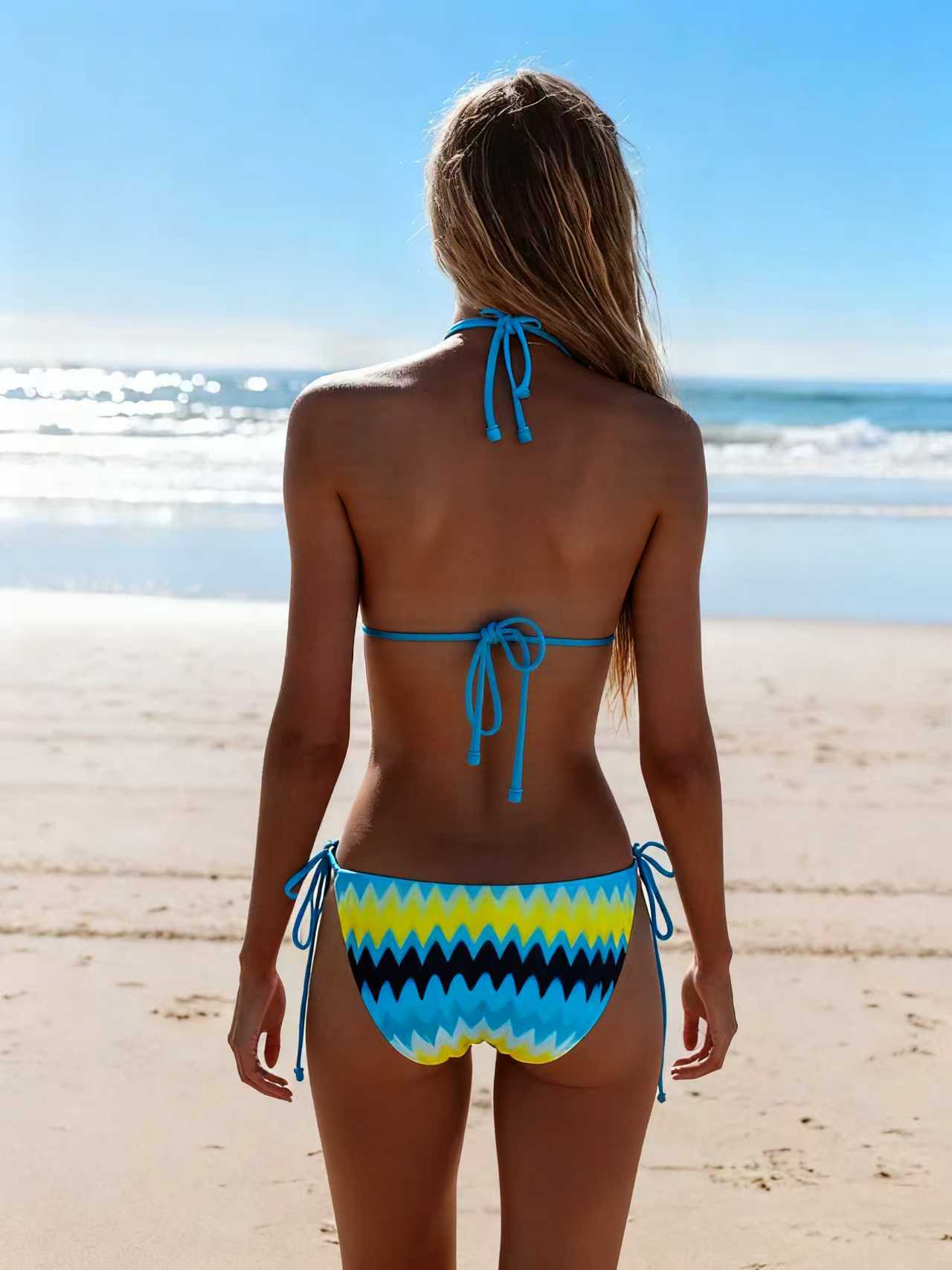 2026 New Bikini Yellow and Blue Color Clash Design Swimsuit Wave Pattern Print Eco-friendly Fabric Size M โ image 3