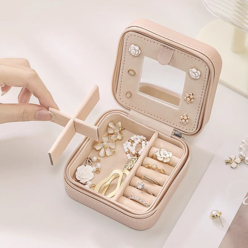 White Mini Travel Jewelry Box with Mirror - 10x10x5cm Portable PU Leather Organizer for Rings, Earrings, Necklaces, Anti-Tarnish Velvet Interior, Compact — image 2