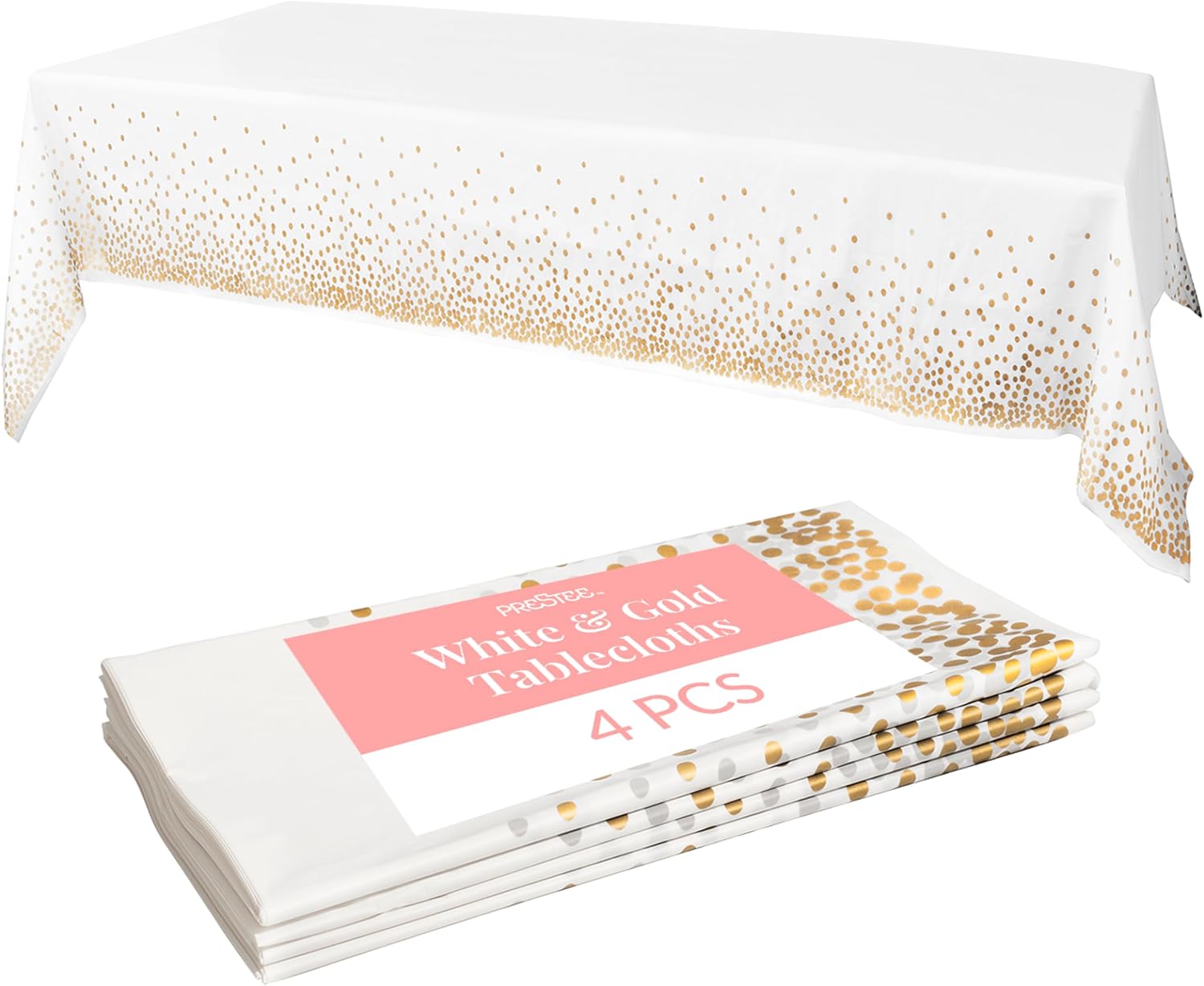 White and Gold Tablecloths, 4pk, 54 × 108 Inches - Party Table Cloths Disposable - Gold Dot Disposable Tablecloths - Plastic Table Cloth - Engagement Party