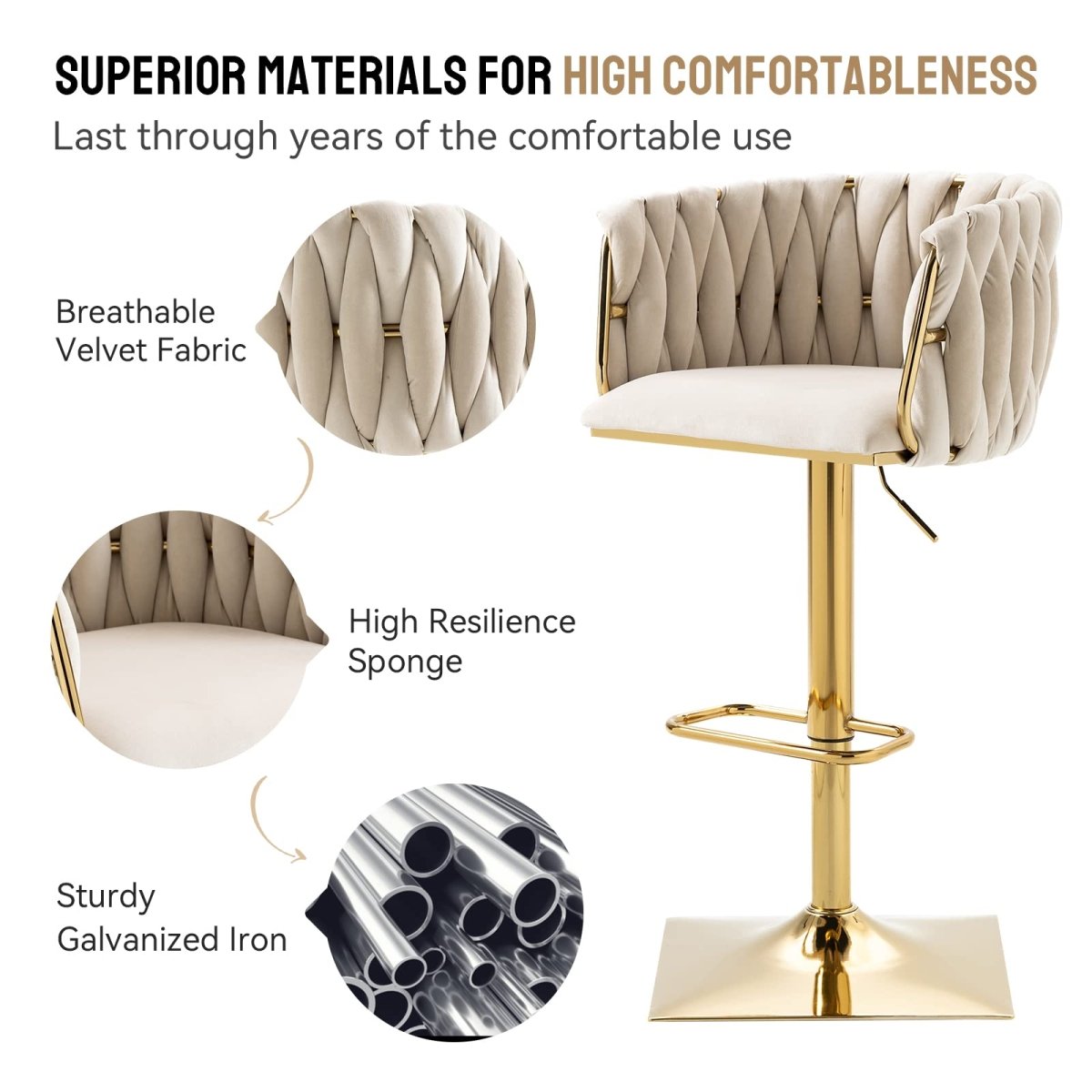 SERENITà Modern Velvet Breakfast Bar Stools Swivel Barstools Adjustable Counter Stools with Backrest Set of 2 iVORY — image 6