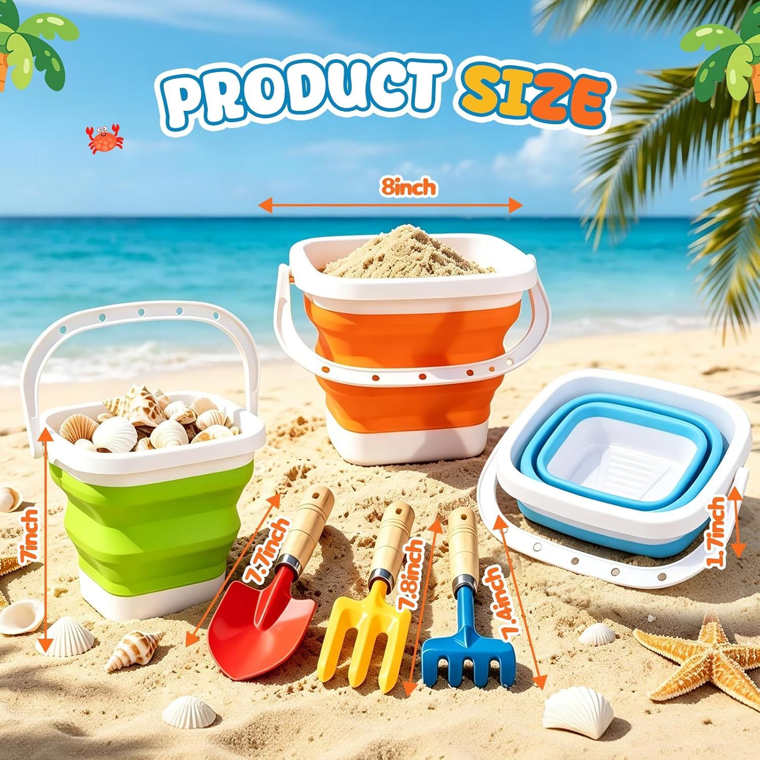 Collapsible Beach Bucket with Metal Shovels Set, Beach Toys Gifts for Adults, ABS Foldable Pails for Pool, Camping, Easter Party, Fishing, Summer Winter β image 3
