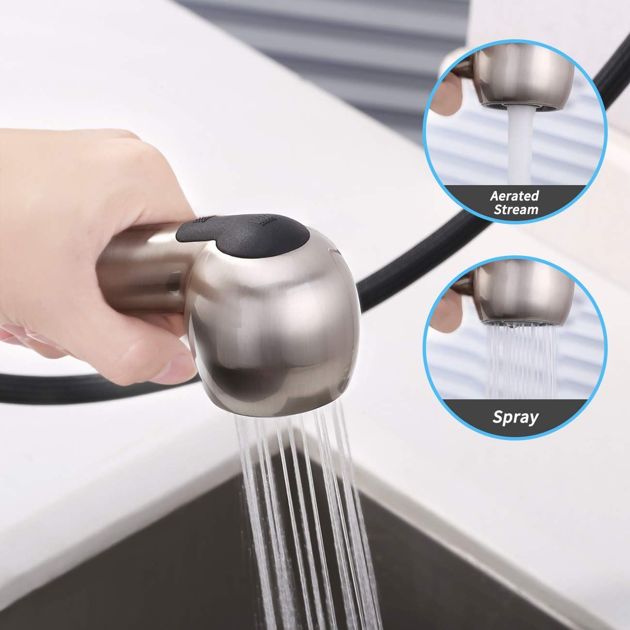Kitchen Sink Pull Down Faucet Head Replacement 2-Functions Pull Out Sprayer Head Brushed Nickel Two stage water outlet — image 5