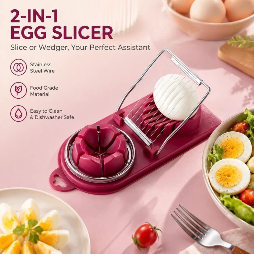 Red 2-in-1 Stainless Steel Egg Slicer Effortless Slicing Perfect for Brunch