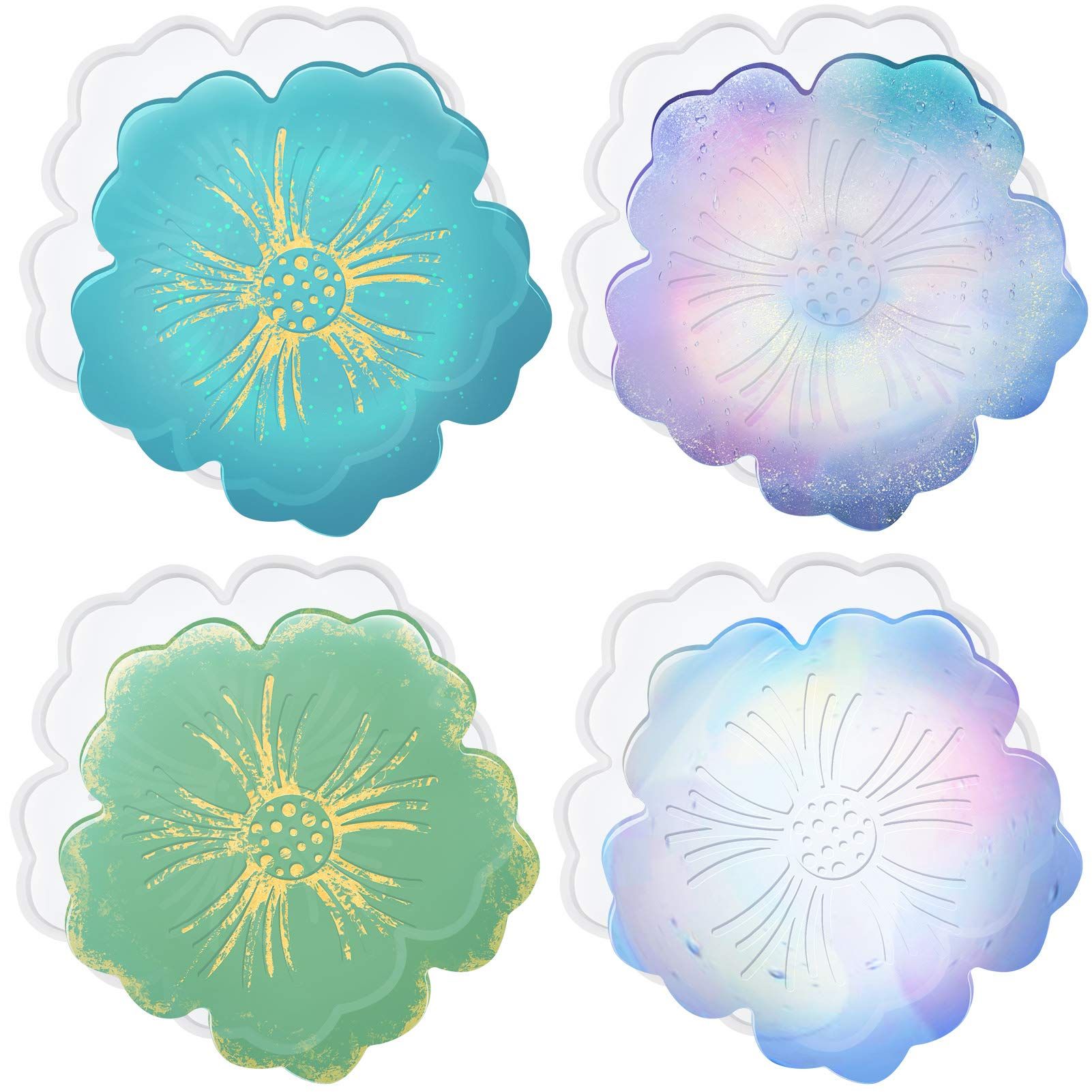 Silicone Coaster Molds, 4 PCS Flower Silicone Coaster Molds Coaster for Epoxy Resin Agate Coaster Cup Mat for Making DIY Craft