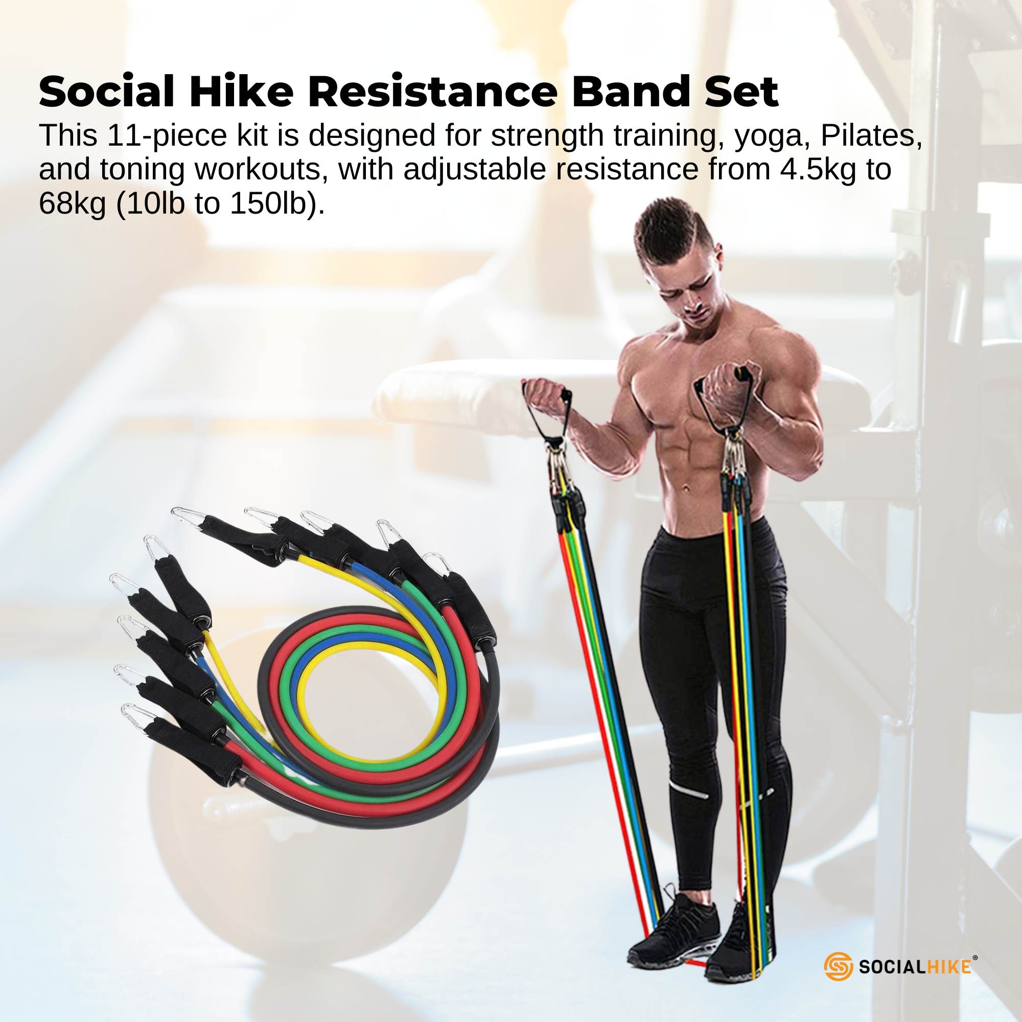 Social Hike Resistance Band Set with Handles - 11pcs Home Workout Kit 4.5-68kg — image 2