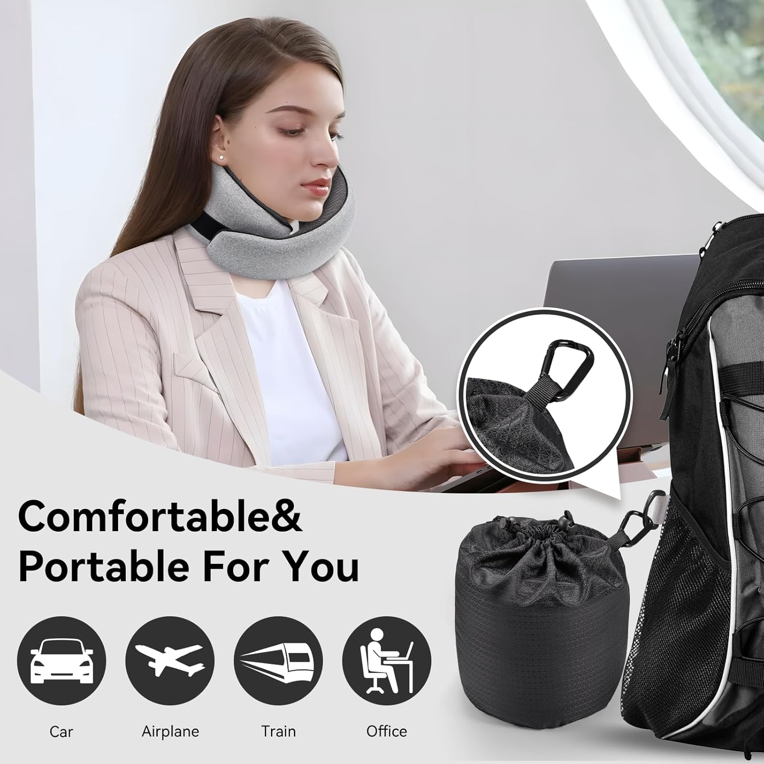 Travel Pillow, 100% Pure Memory Foam Neck Pillow for Airplanes, Comfortable Breathable Cover, Travel Essentials for Plane, Car, Train and Home, Gray — image 3