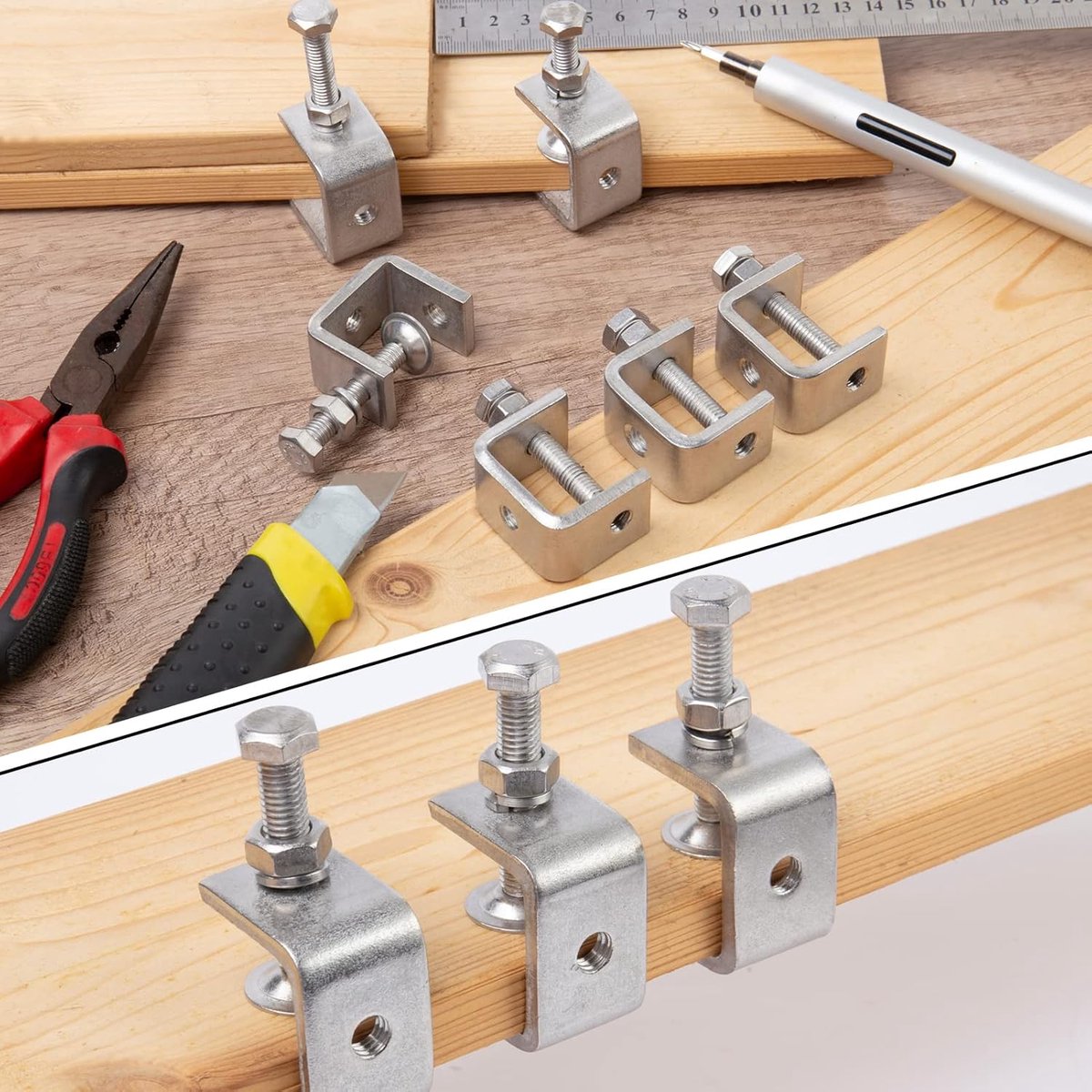 C-Clamps - Pack of 6 - With M8 Hexagon Bolts - Glue Clamps - Adjustable Clamping Range 0-25 mm - For Woodworking and Welding - Stainless Steel - Silver โ image 5