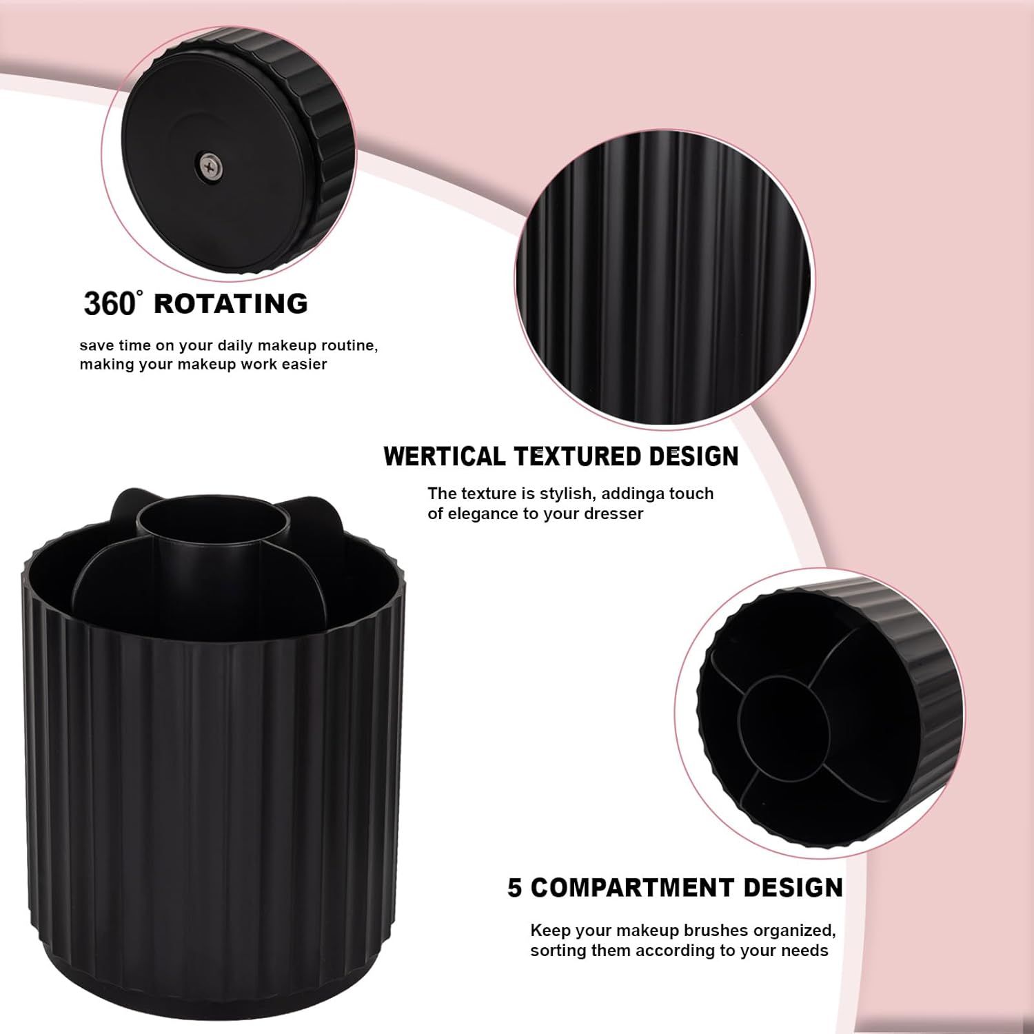 Makeup Brush Holder Organizer 360°Rotating Make Up Brushes Container for Vanity, Spinning Cosmetics Storage Cup, Stripe Black — image 4
