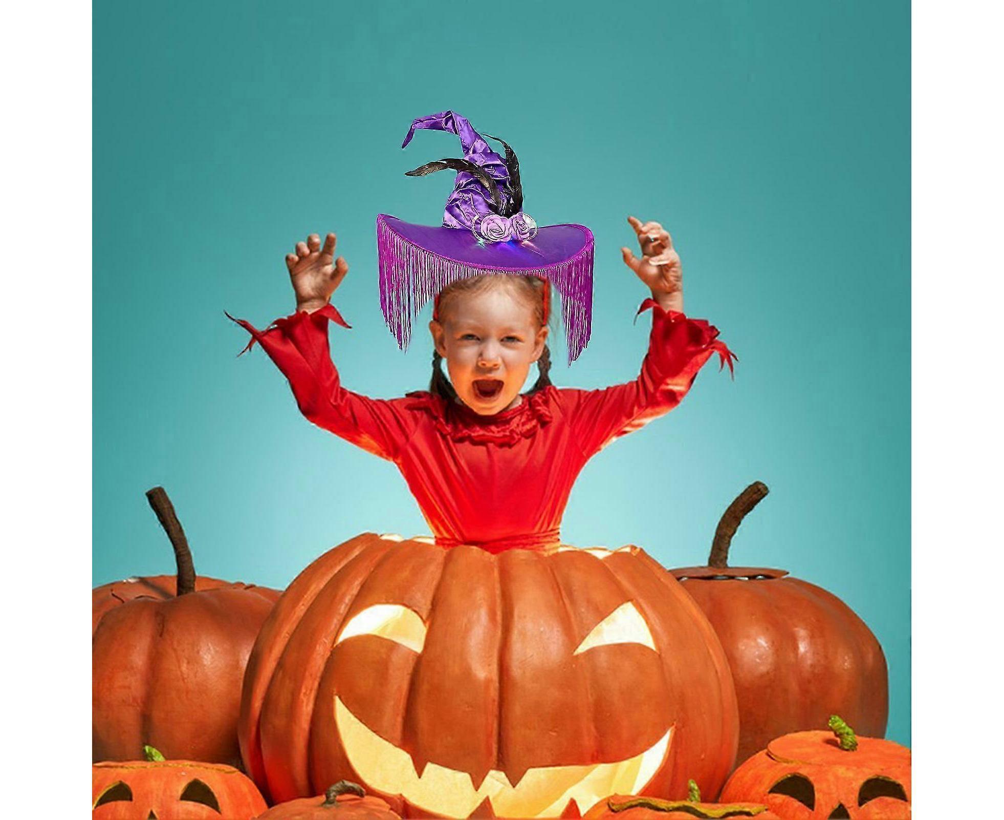 Halloween Witch Hat Wide Brim Tassel Wizard Hat With Artificial Rose Women Halloween Costume Accessory-Purple — image 3