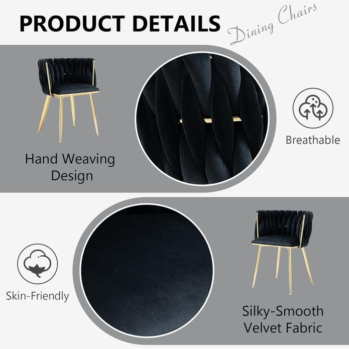 SERENITà Black Modern Hand Weaving Dining Chairs, Velvet Upholstered Side Chairs with Gold Legs, Chic Vanity Chairs with Armrest, Accent Chair for — image 6