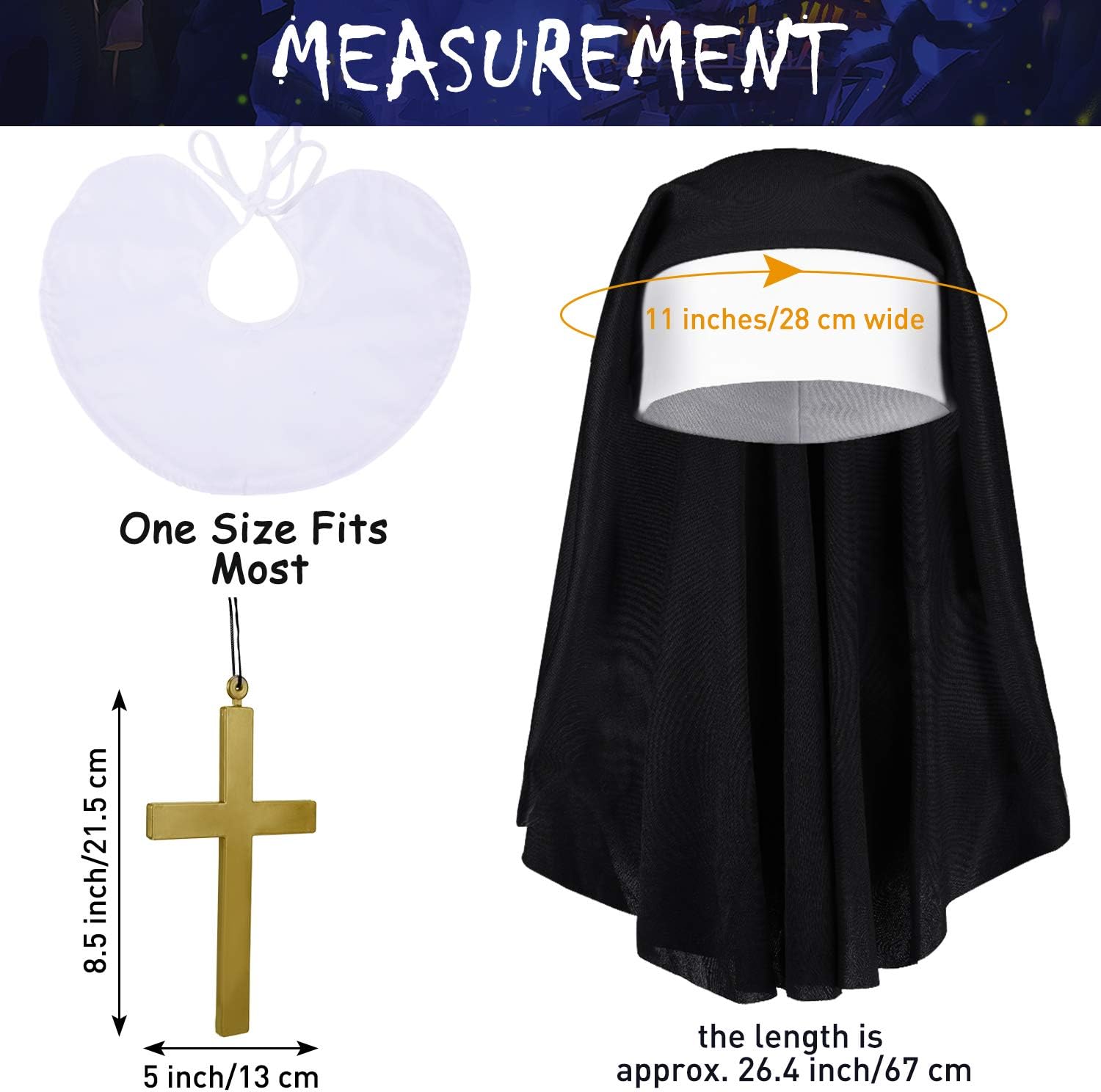 2 Sets Halloween Nun Costume Set Plastic Gold Cross Nun Habit Costume Set Hat White Collar Gold Cross Pendant for Woman โ image 4