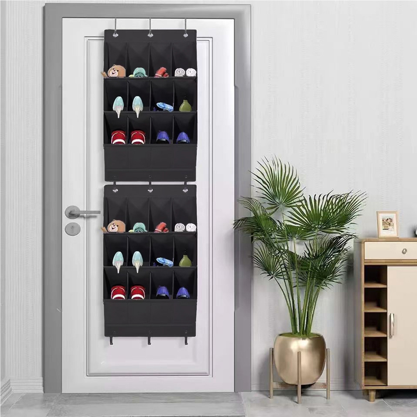 Wall-mounted shoe hat rack with hooks, black, multi-functional storage for door hanging — image 6