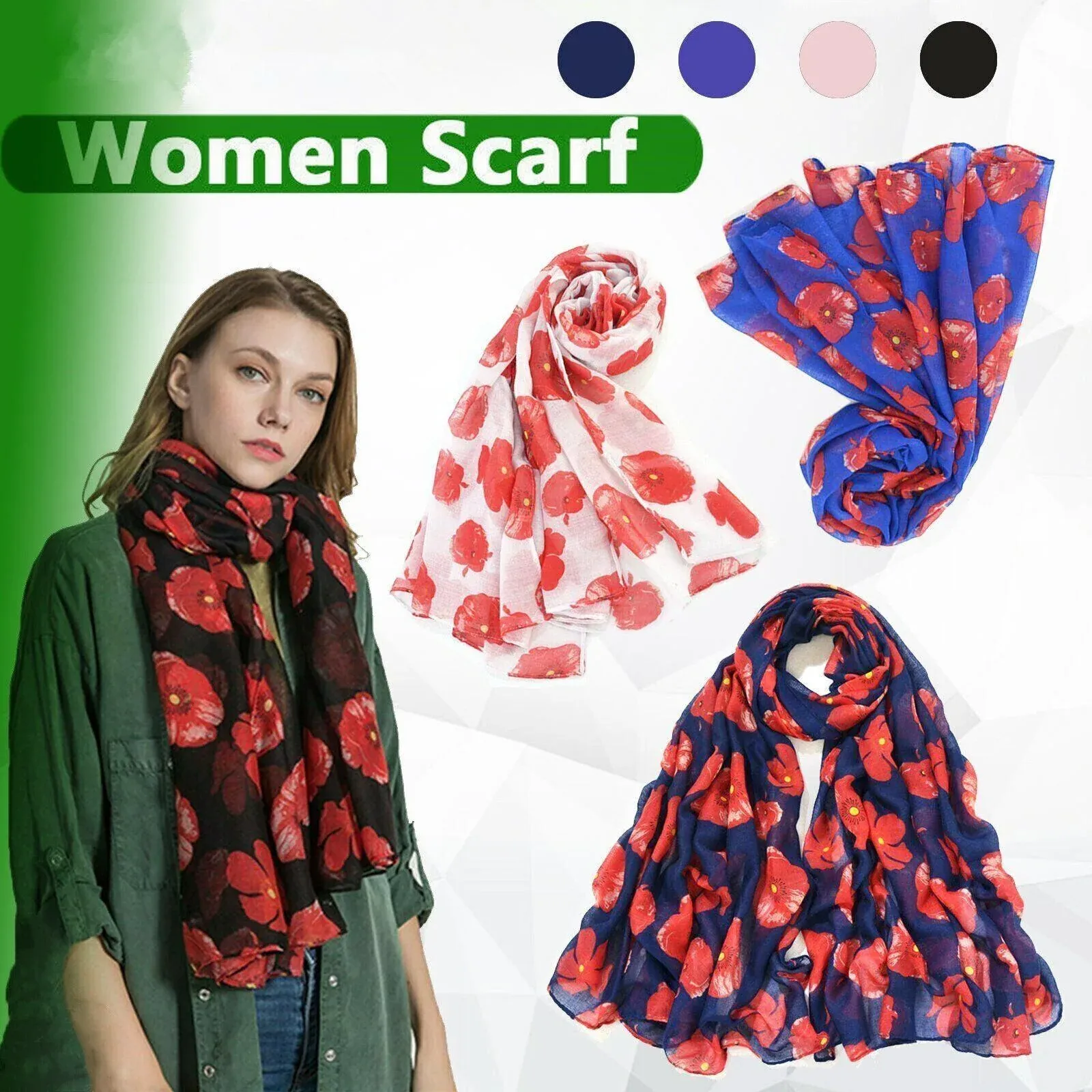 Women Ladies Poppy Print Floral Scarf Remembrance Day Poppies Scarves Wrap Shawl — image 2