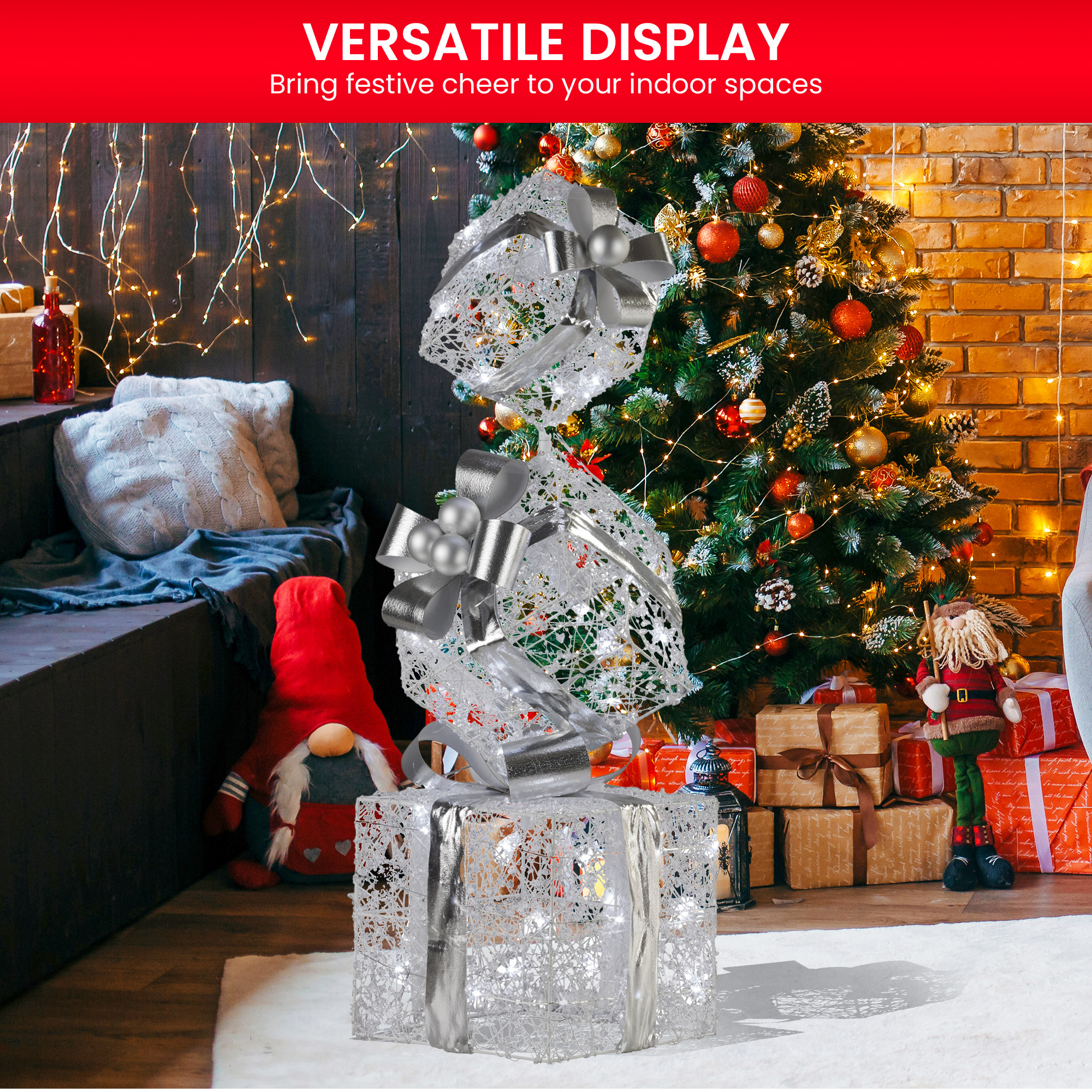 Christabelle 83cm Triple Christmas Silver Giftbox Stack Display with Lights โ image 6