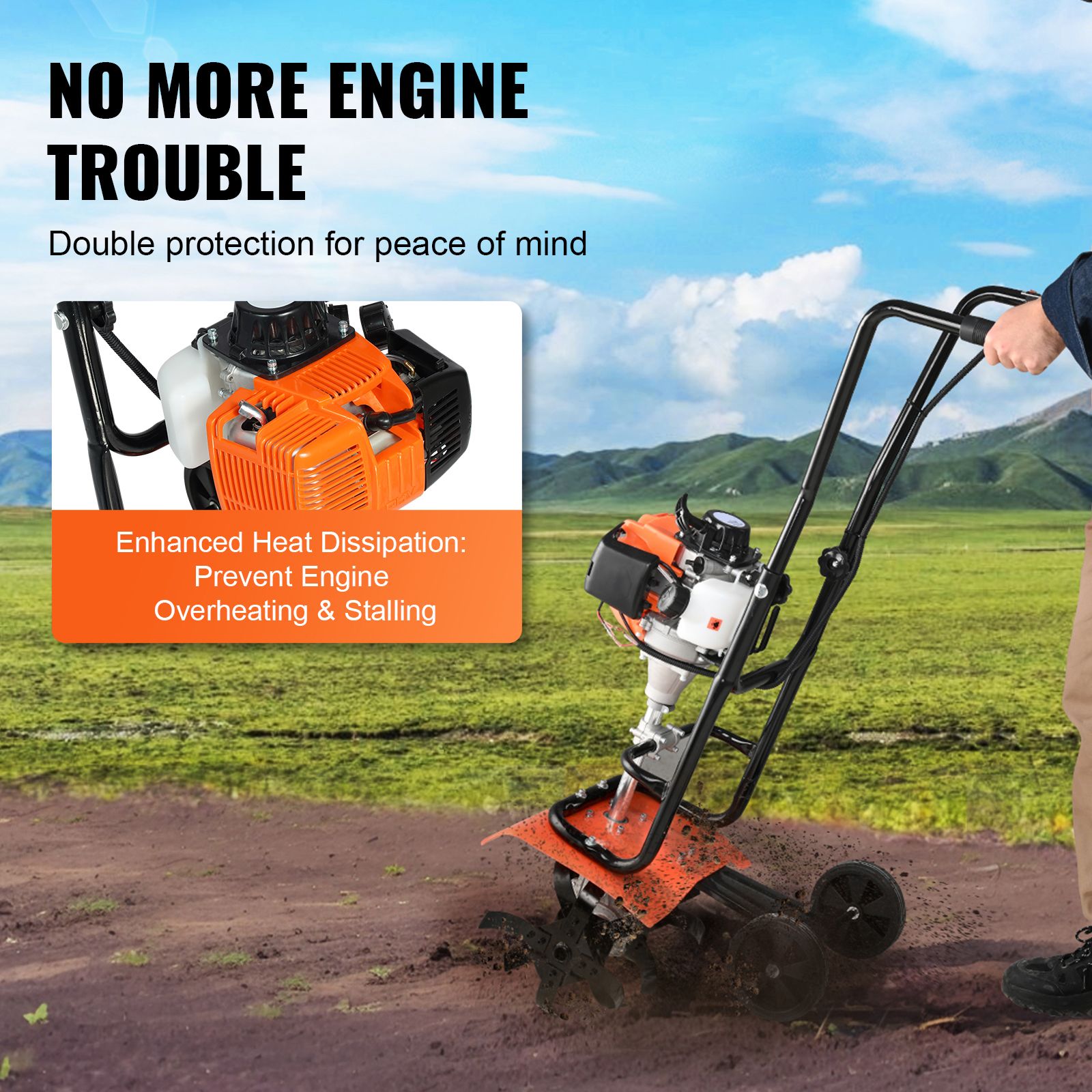 Tiller Cultivator Gas Powered, 31CC 4-Stroke Garden Cultivator, Tiller with 4 Steel Adjustable Front Tines for Lawn, Garden and Field Soil Cultivation — image 3