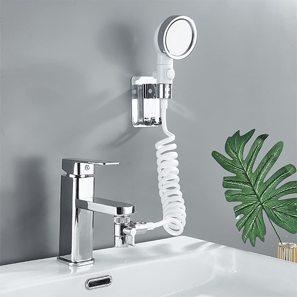 Generic Basin Handheld Shower Set, Sink Hose Faucet Sprayer Attachment, with Stop Water-saving Function, Chrome + White