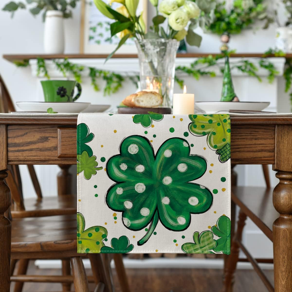 Watercolor Shamrock St. Patrick's Day Table Runner, Seasonal Spring Holiday Kitchen Dining Table Decoration for Indoor Outdoor Home Party Decor 13 x 72 Inch โ image 2