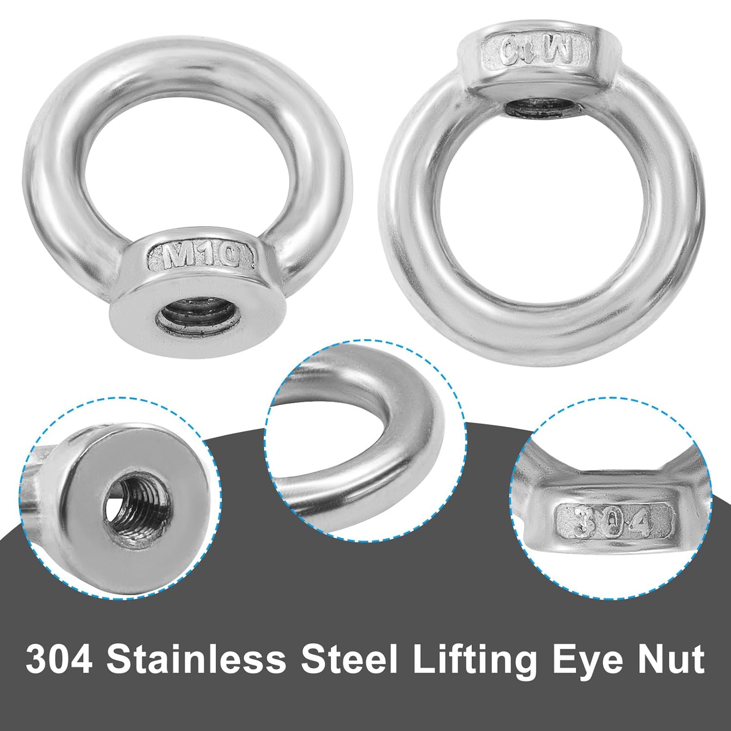 6 Pcs M10 304 Stainless Steel Lifting Eye Nut, 3/8" Metric Ring Shape Nut Threaded Fastener for Boating/Industrial Use — image 4